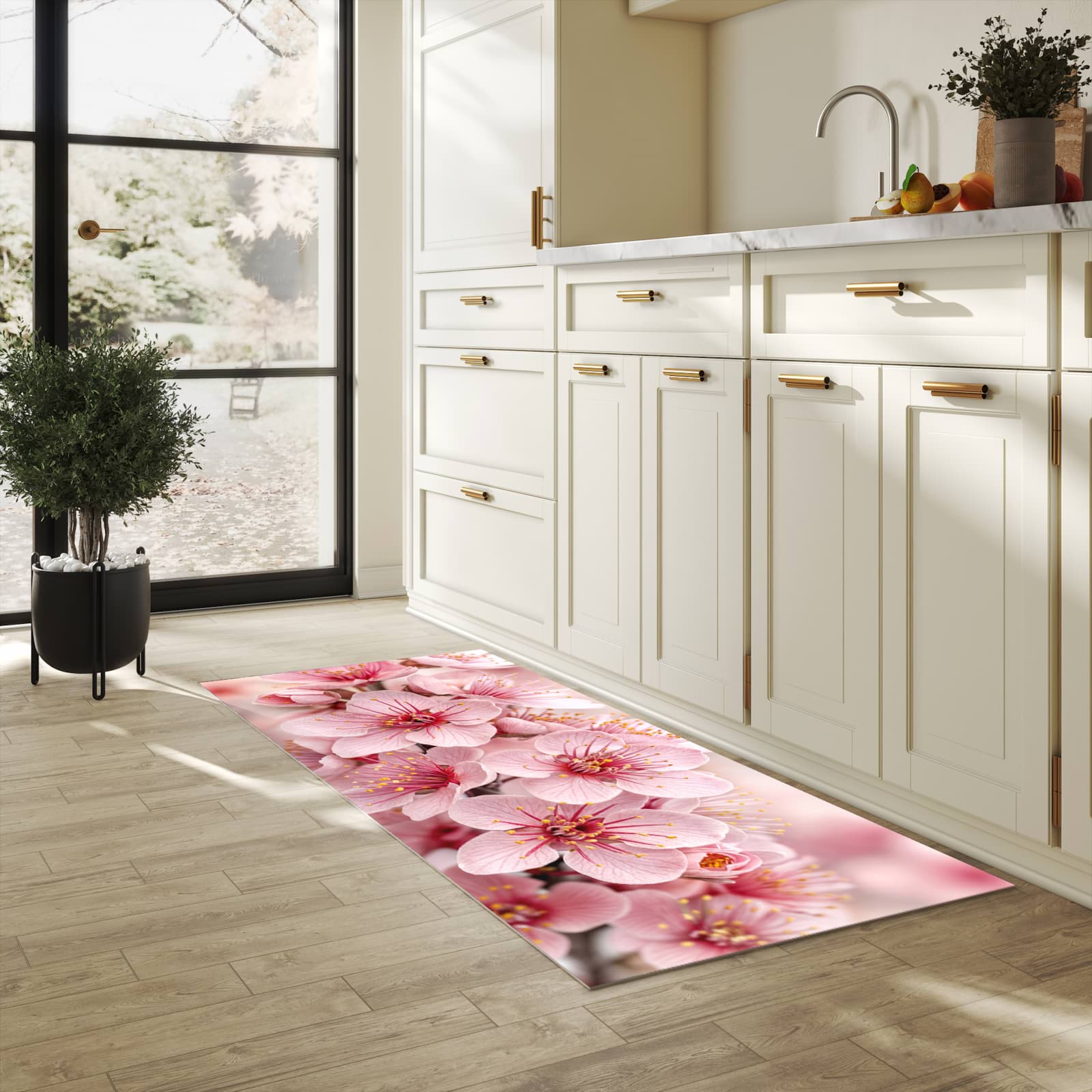 Abwaschbarer Küchenteppich mit Motiv Kirschblütenzweig in heller Küche