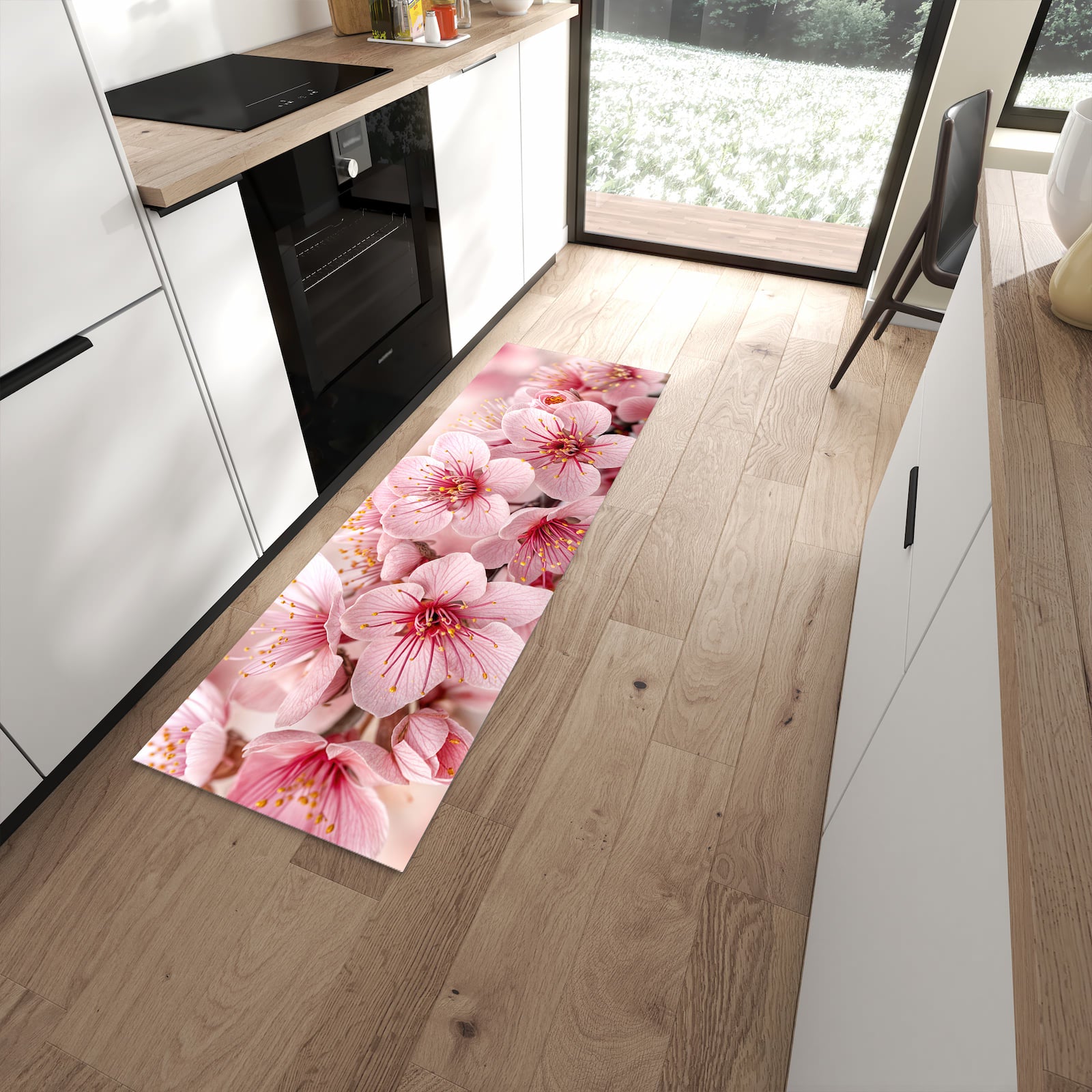Rutschfester Küchenläufer mit Motiv Kirschblütenzweig für Ordnung in moderner Küche