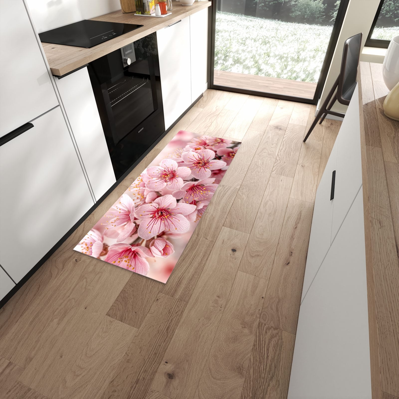 Rutschfester Küchenläufer mit Motiv Kirschblütenzweig schützt Böden in moderner Küche #grösse_60 x 150 cm