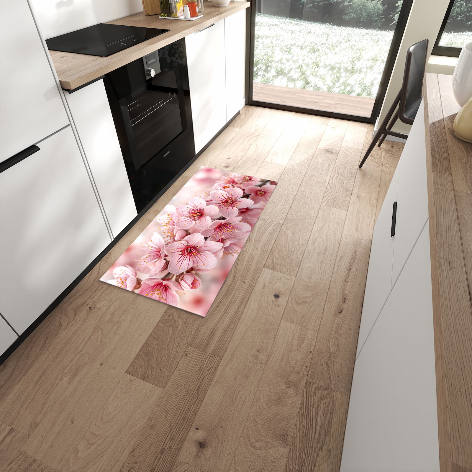 Feuchtigkeitsresistenter Küchenläufer mit Motiv Kirschblütenzweig in moderner Küche #grösse_60 x 120 cm