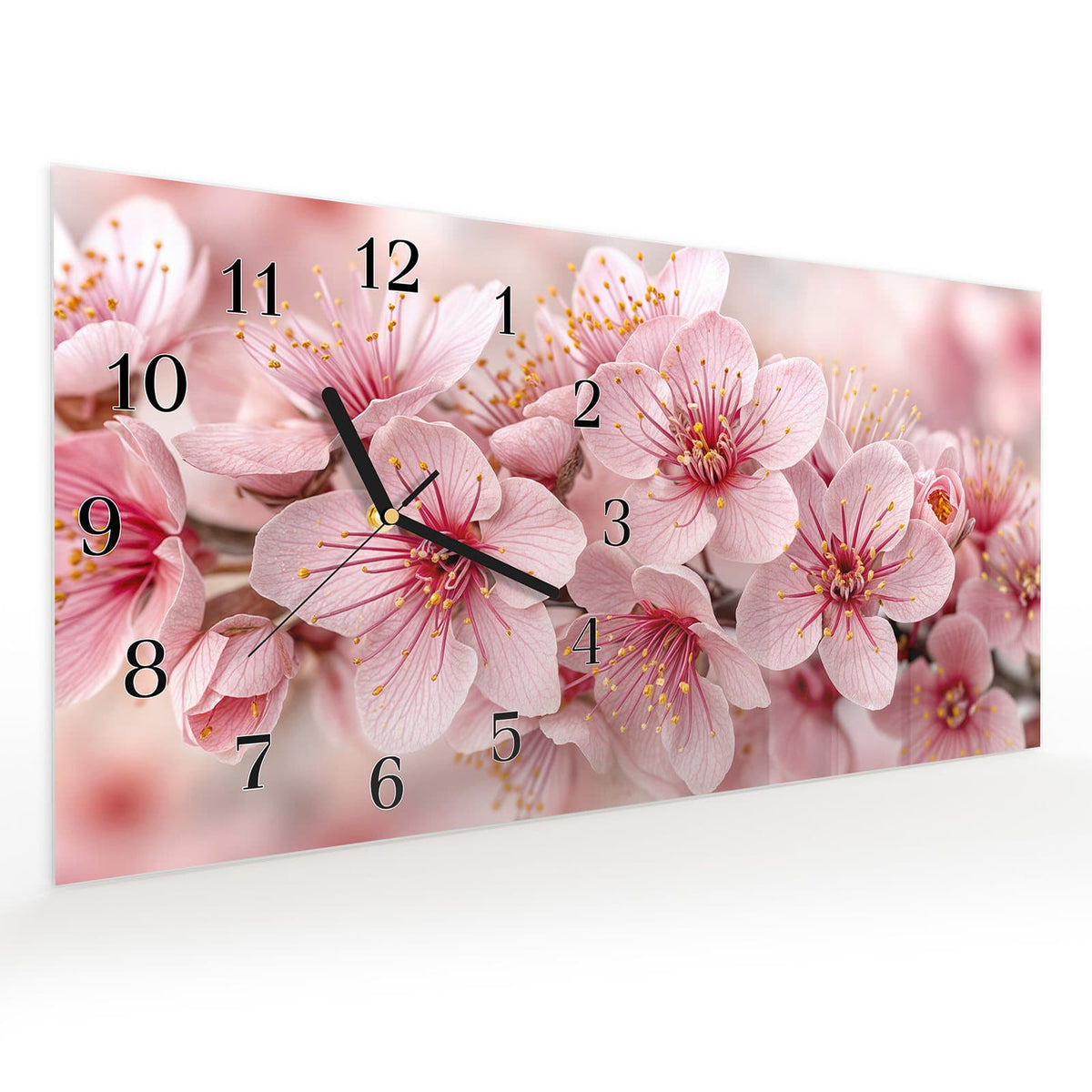 Vormontiert – mit Schwebeeffekt – Wanduhr Kirschblütenzweig aus Glas – Querformat 60 × 30 cm