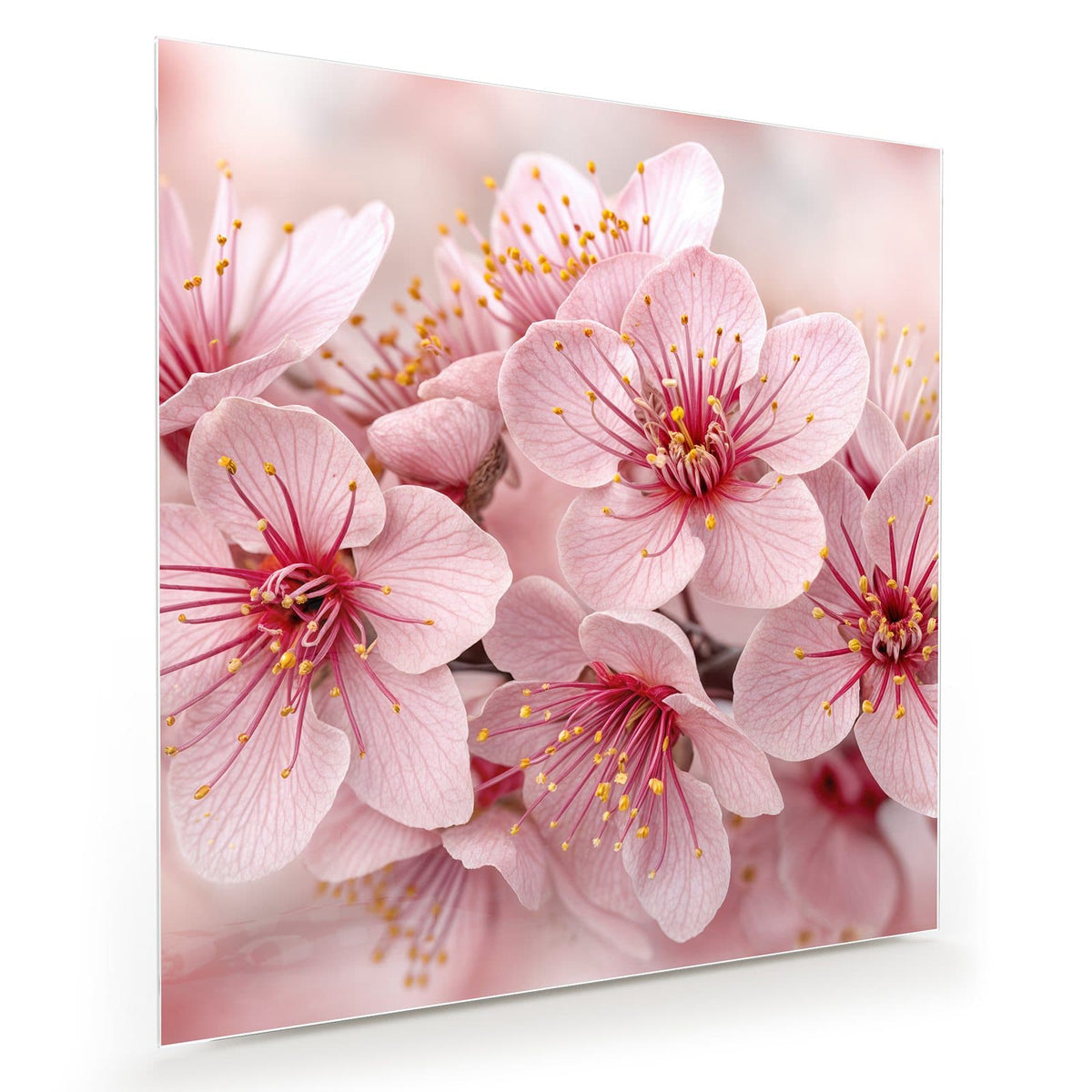 Nahaufnahme rosa-weißer Kirschblüten mit roten Staubgefäßen