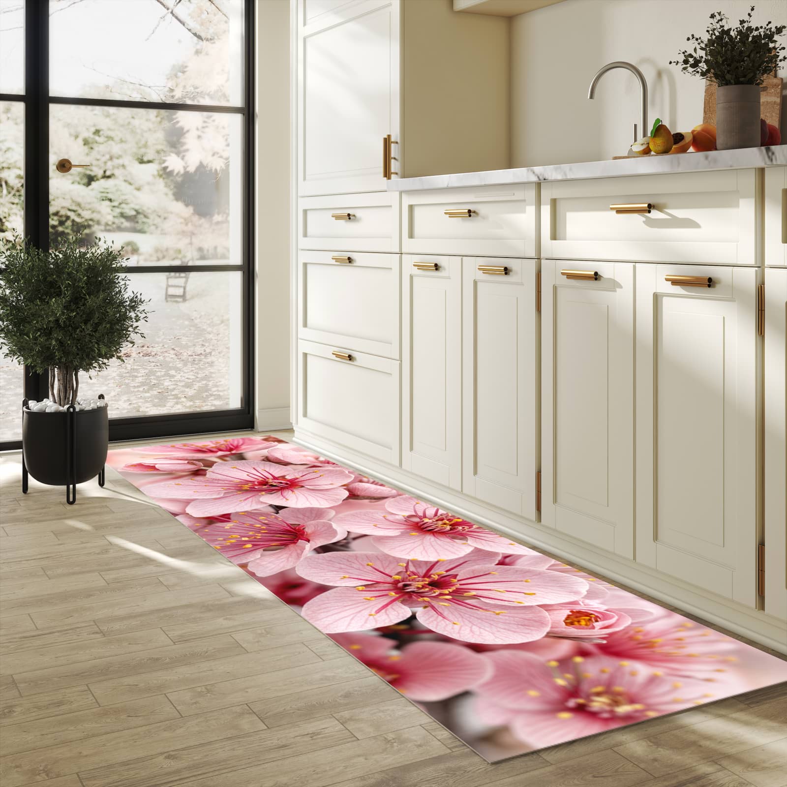 Strapazierfähiger Küchenteppich mit Motiv Kirschblütenzweig in heller Küche