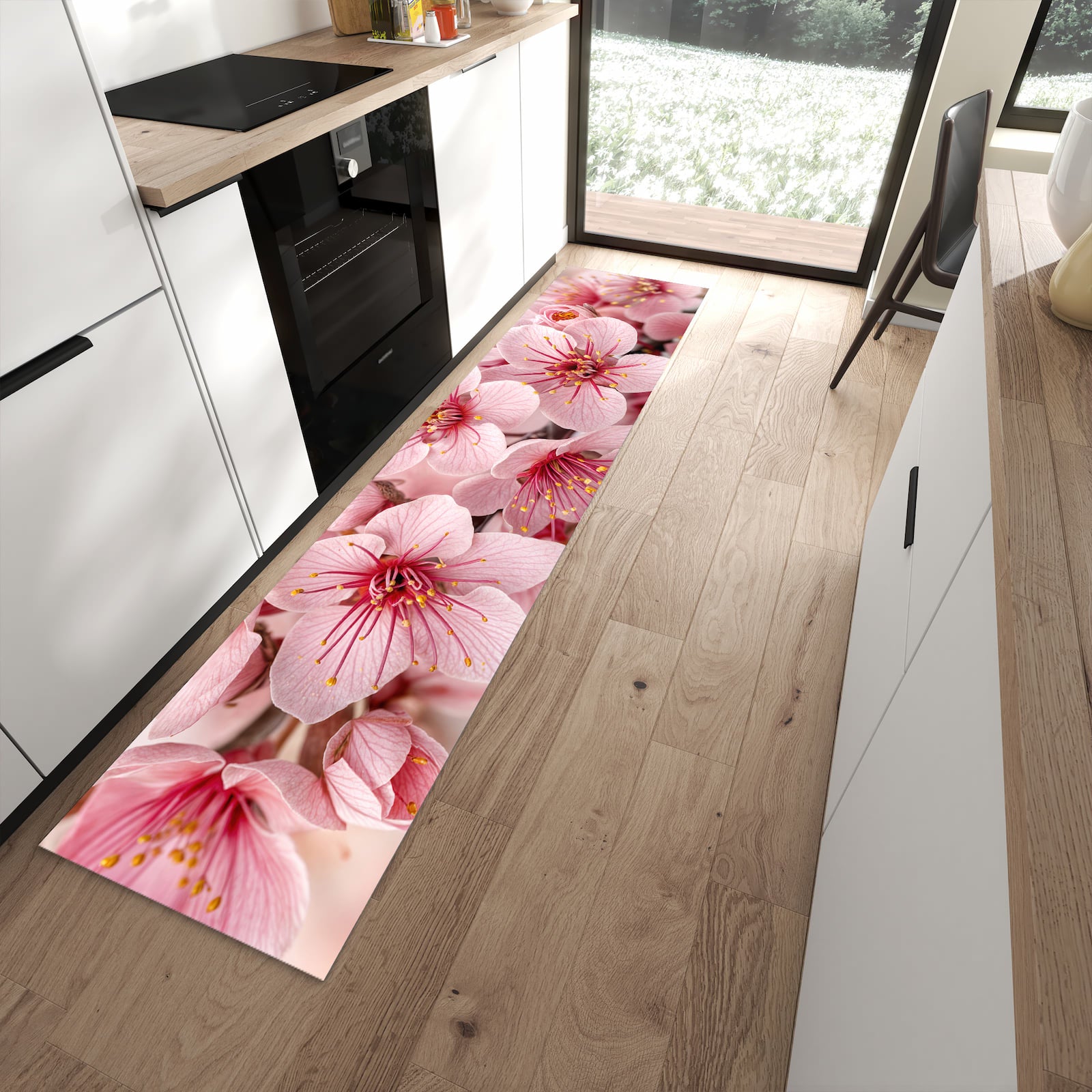 Farbbeständiger waschbarer Küchenläufer mit Motiv Kirschblütenzweig in moderner Küche