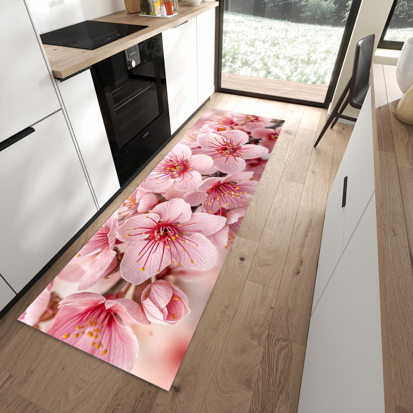 Geräuschdämpfender waschbarer Küchenläufer mit Motiv Kirschblütenzweig in moderner Küche