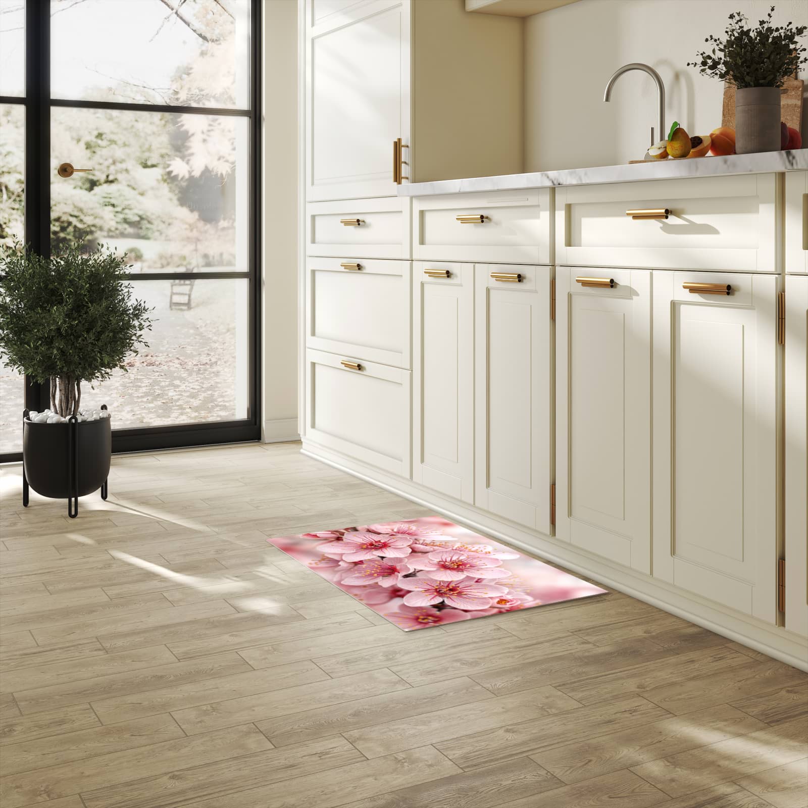 Rutschhemmender Küchenläufer mit Motiv Kirschblütenzweig in heller Küche