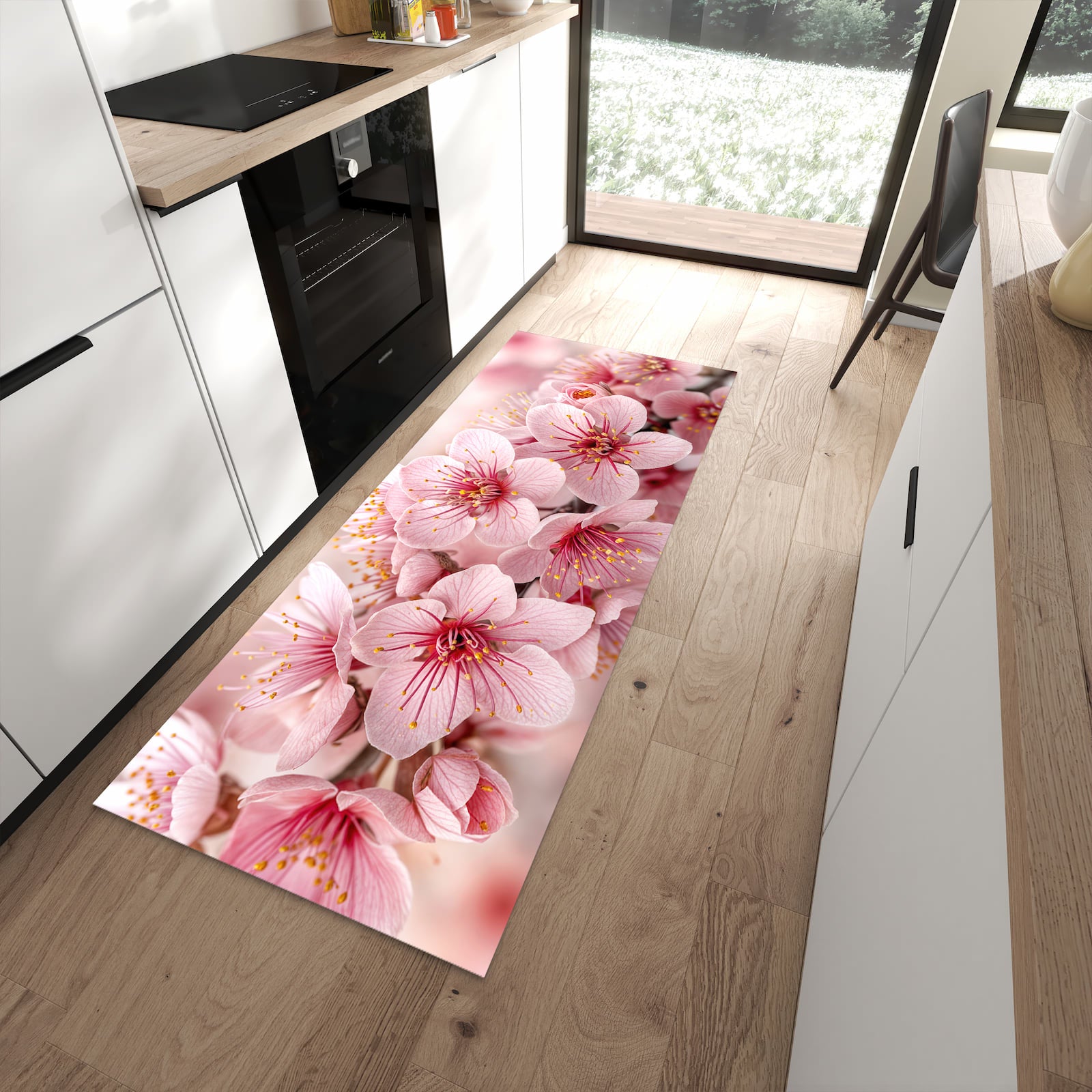 Zeitsparender Küchenläufer nach Maß mit Motiv Kirschblütenzweig in moderner Küche