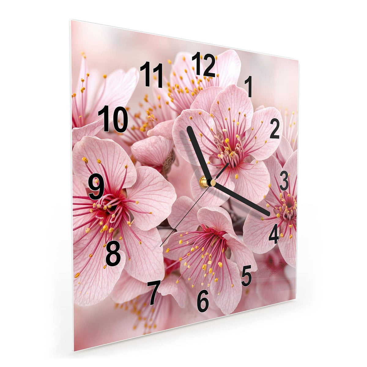 Vormontiert – mit Schwebeeffekt – Wanduhr Kirschblütenzweig aus Glas – Quadratisch 30 × 30 cm