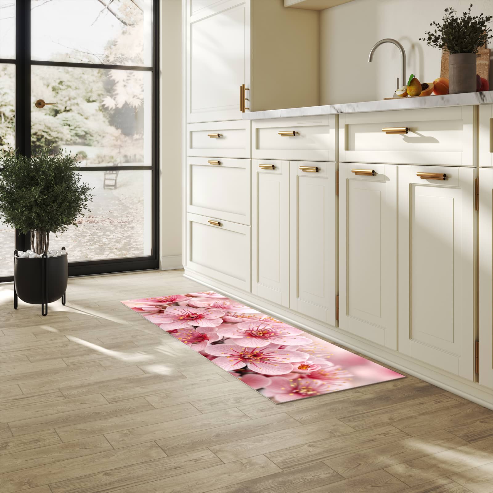 Langlebiger Küchenläufer mit Motiv Kirschblütenzweig in heller Küche