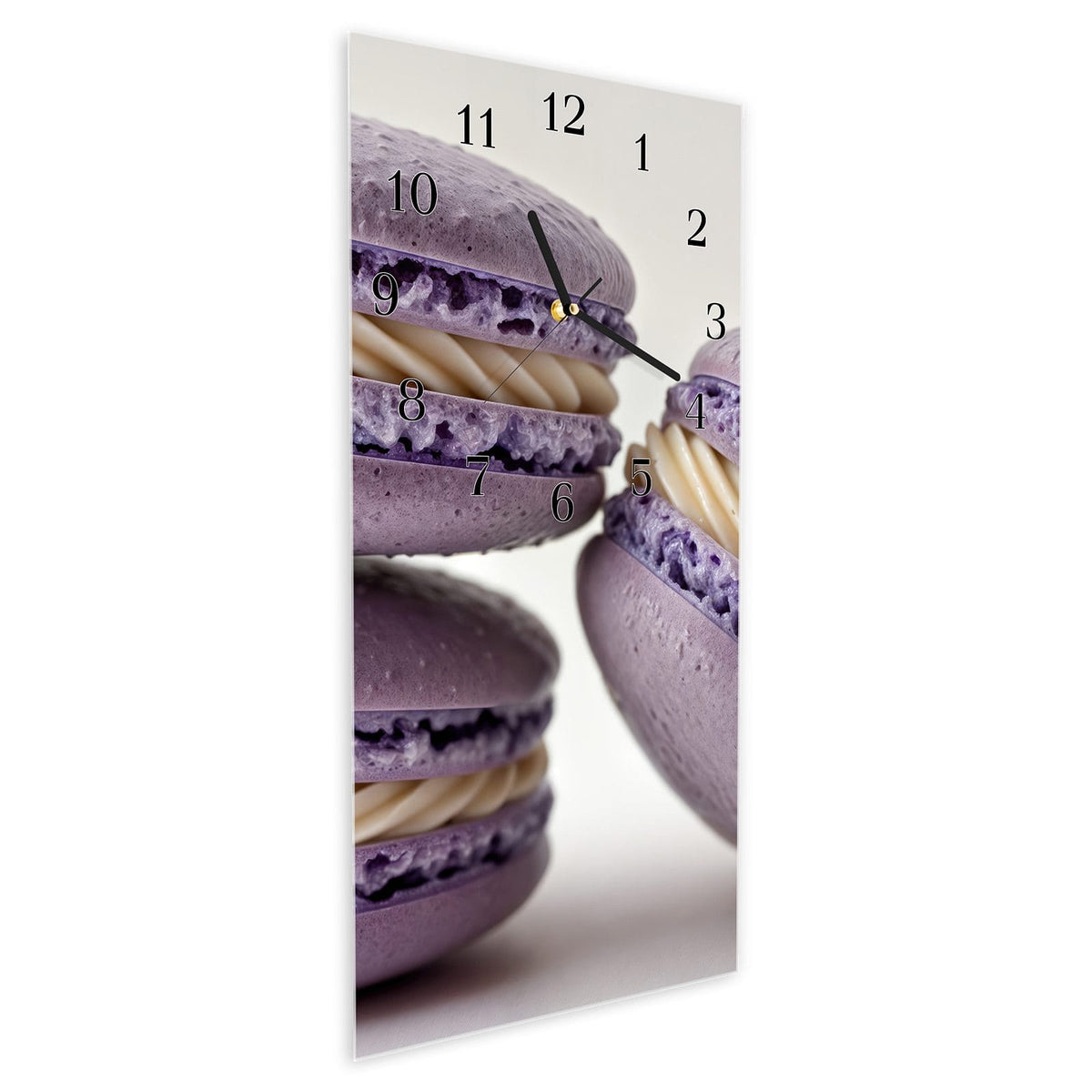 Vormontiert – mit Schwebeeffekt – Wanduhr Lila Macarons aus Glas – Hochformat 30 × 60 cm