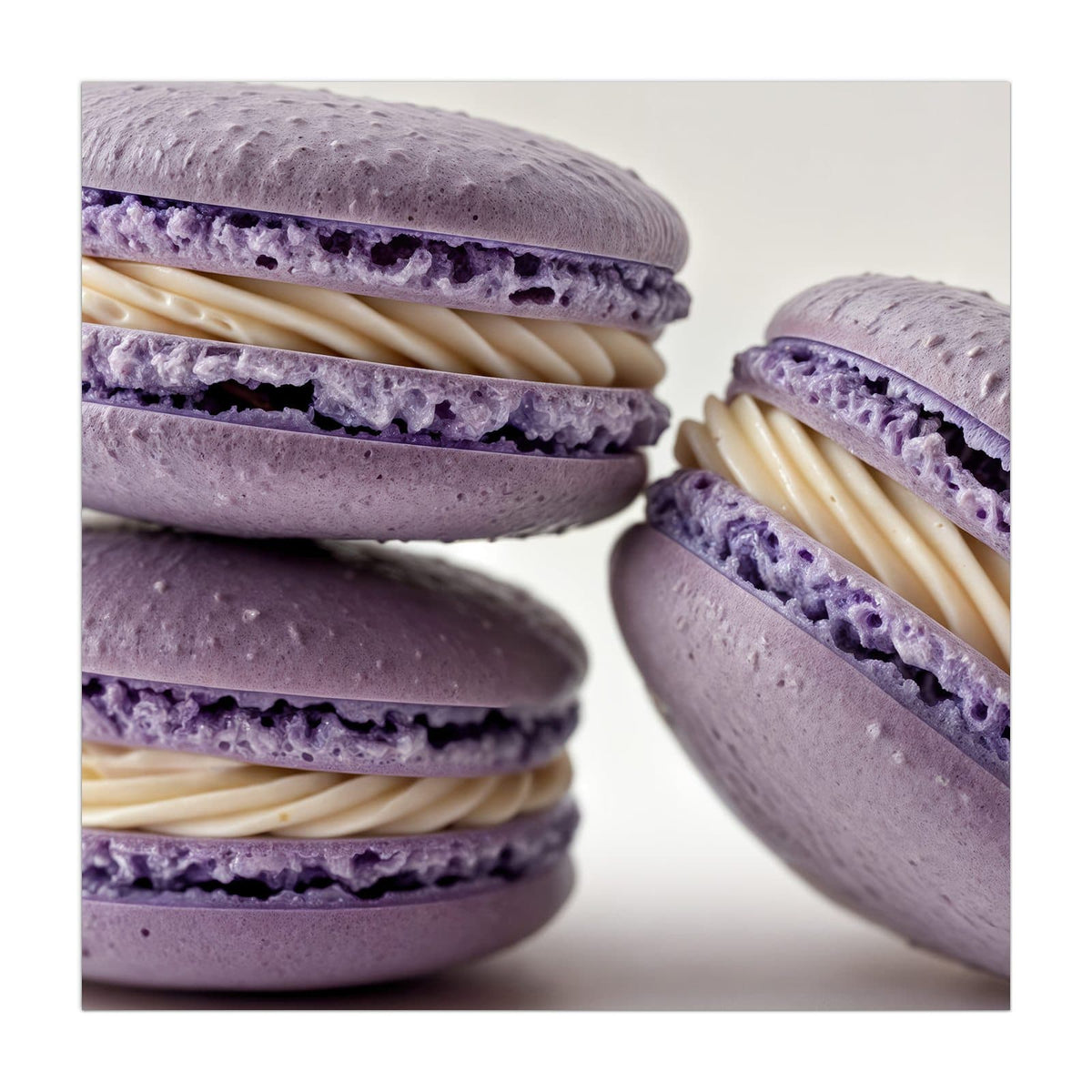 Küchenrückwand aus Glas Lila Macarons mit Creme im quadratischen Format, Motiv bildfüllend von vorn #grösse_40 x 40 cm #grösse_50 x 50 cm #grösse_60 x 60 cm