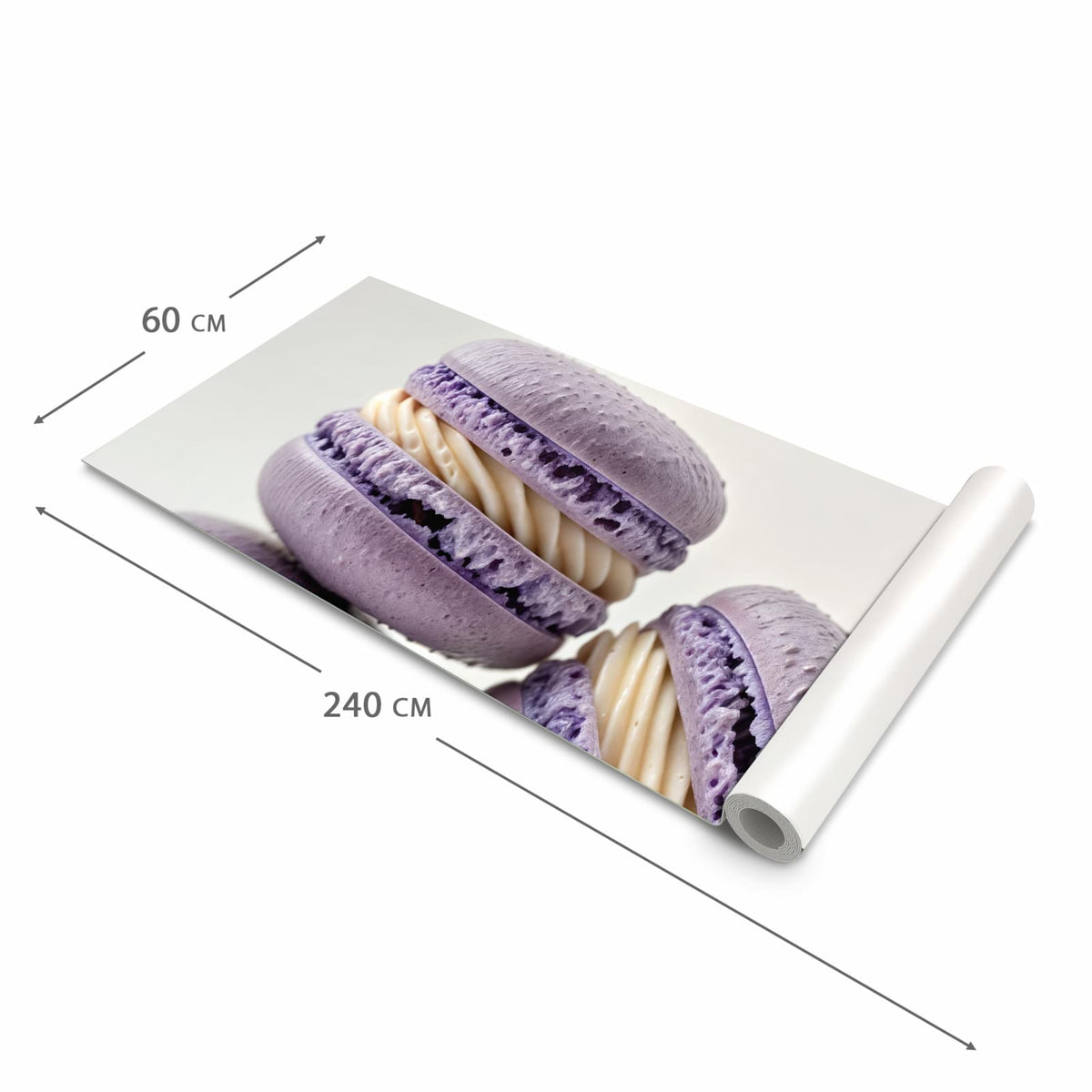 Zeitsparender Küchenteppich mit Motiv Lila Macarons in der Grösse 60x270 cm