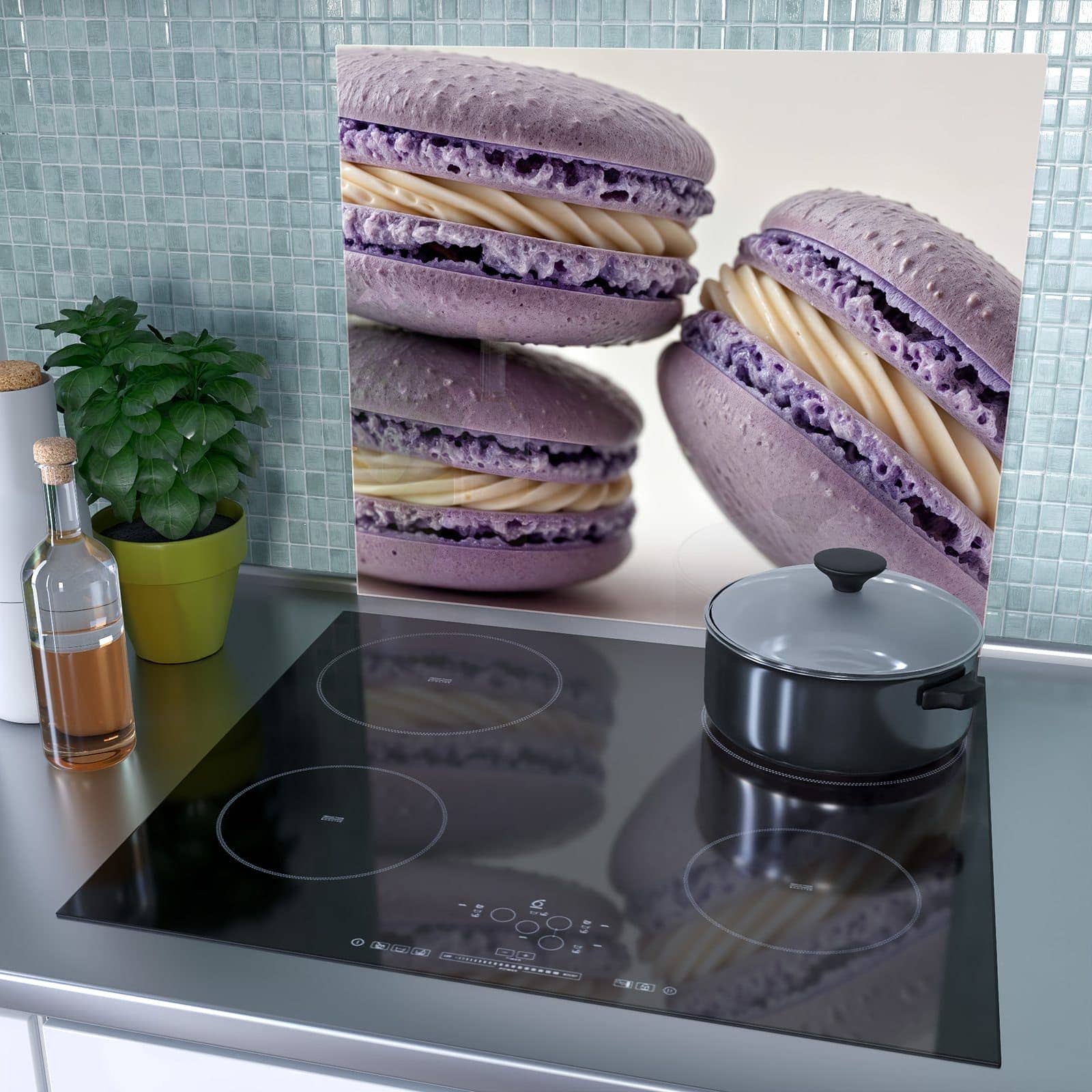 1-teilige Herdabdeckplatte mit Lila Macarons-Motiv als Spritzschutz hinter dem Kochfeld