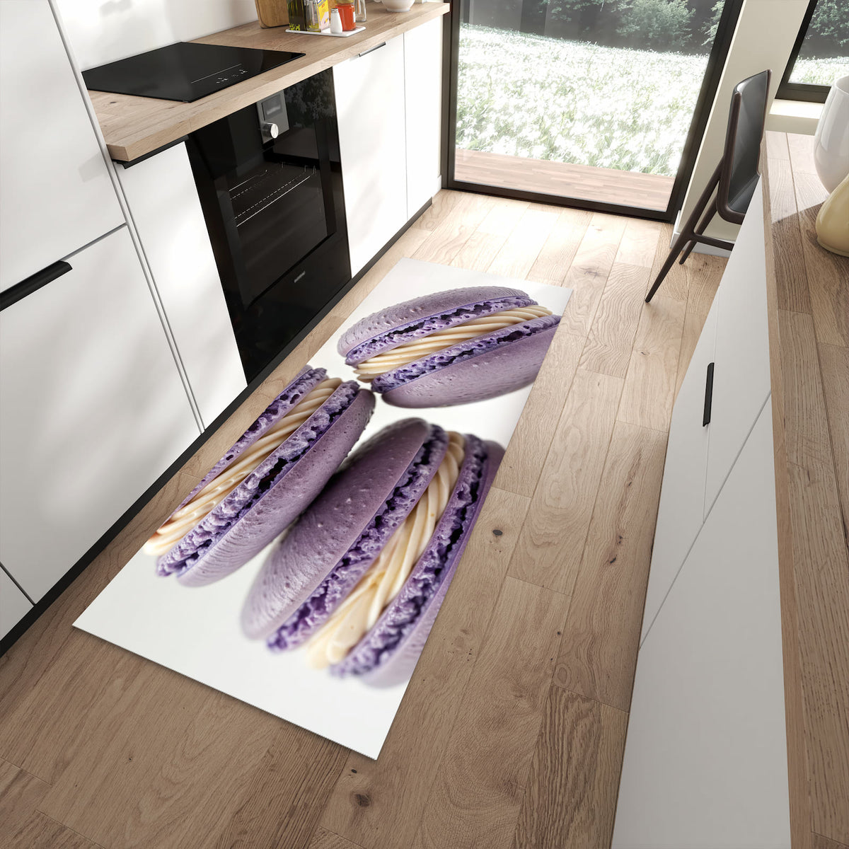 Küchenteppich mit Motiv Lila Macarons für angenehmes Stehen in moderner Küche
