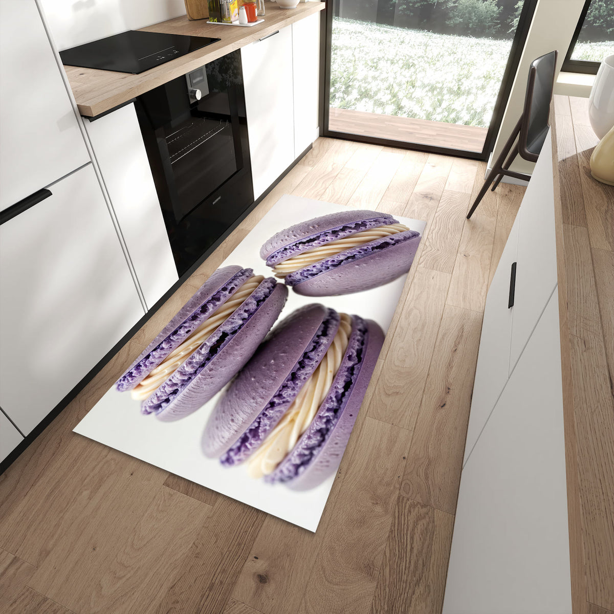 Langlebiger Küchenläufer mit Motiv Lila Macarons in moderner Küche
