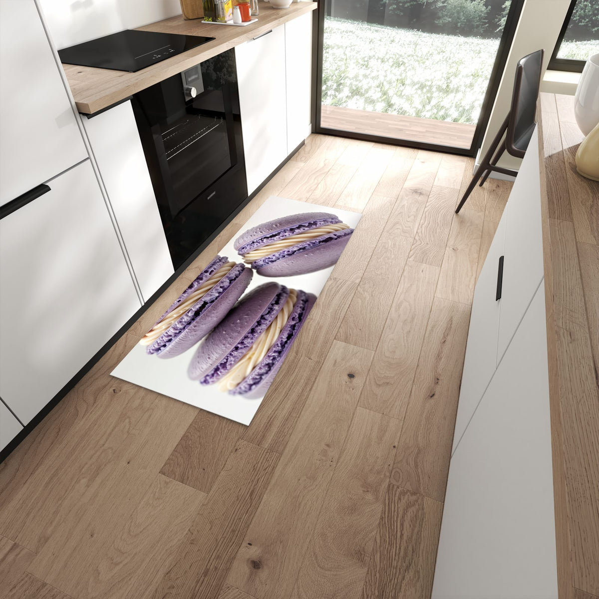Langlebiger Küchenteppich mit Motiv Lila Macarons in moderner Küche #grösse_60 x 150 cm
