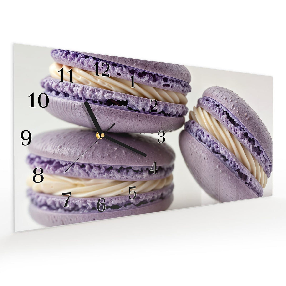 Vormontiert – mit Schwebeeffekt – Wanduhr Lila Macarons aus Glas – Querformat 60 × 30 cm