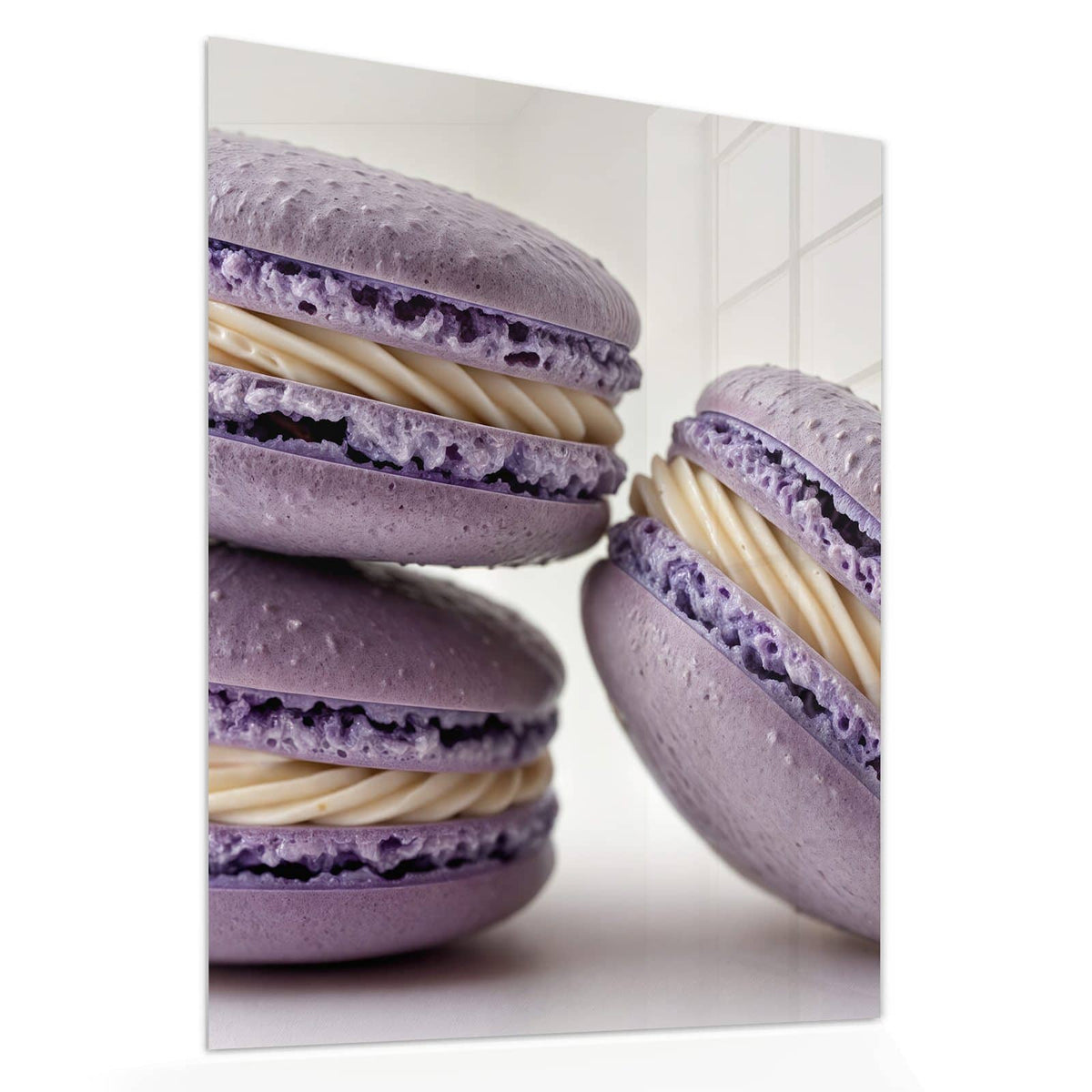 Echtglas, 4 mm – kein Acryl, keine Folie – Wandbild - Lila Macarons mit Creme - Hochformat