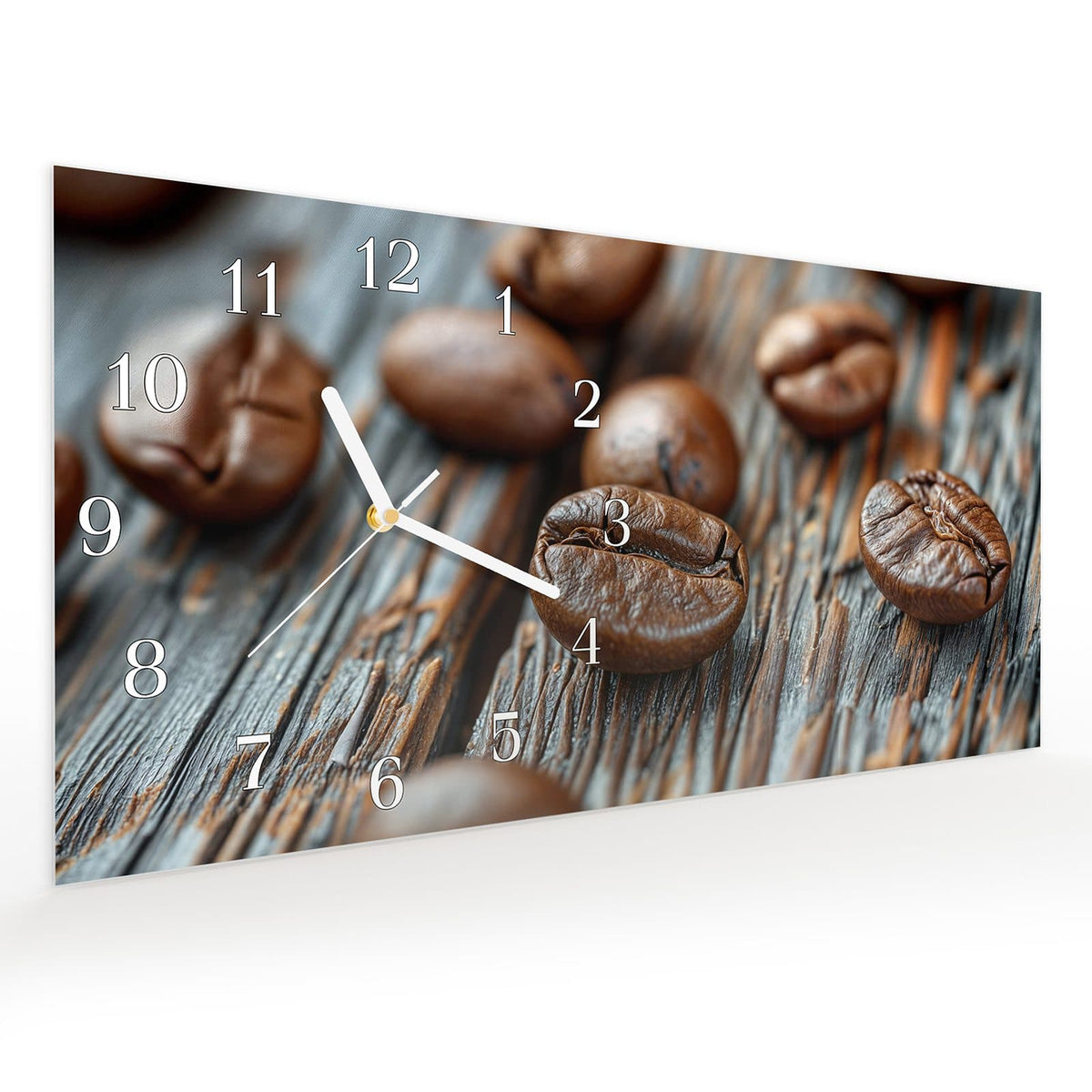 Vormontiert – mit Schwebeeffekt – Wanduhr Sanfte Kaffeebohnen aus Glas – Querformat 60 × 30 cm