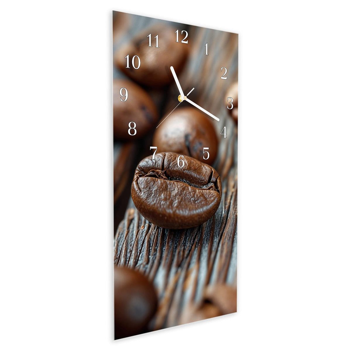Vormontiert – mit Schwebeeffekt – Wanduhr Sanfte Kaffeebohnen aus Glas – Hochformat 30 × 60 cm