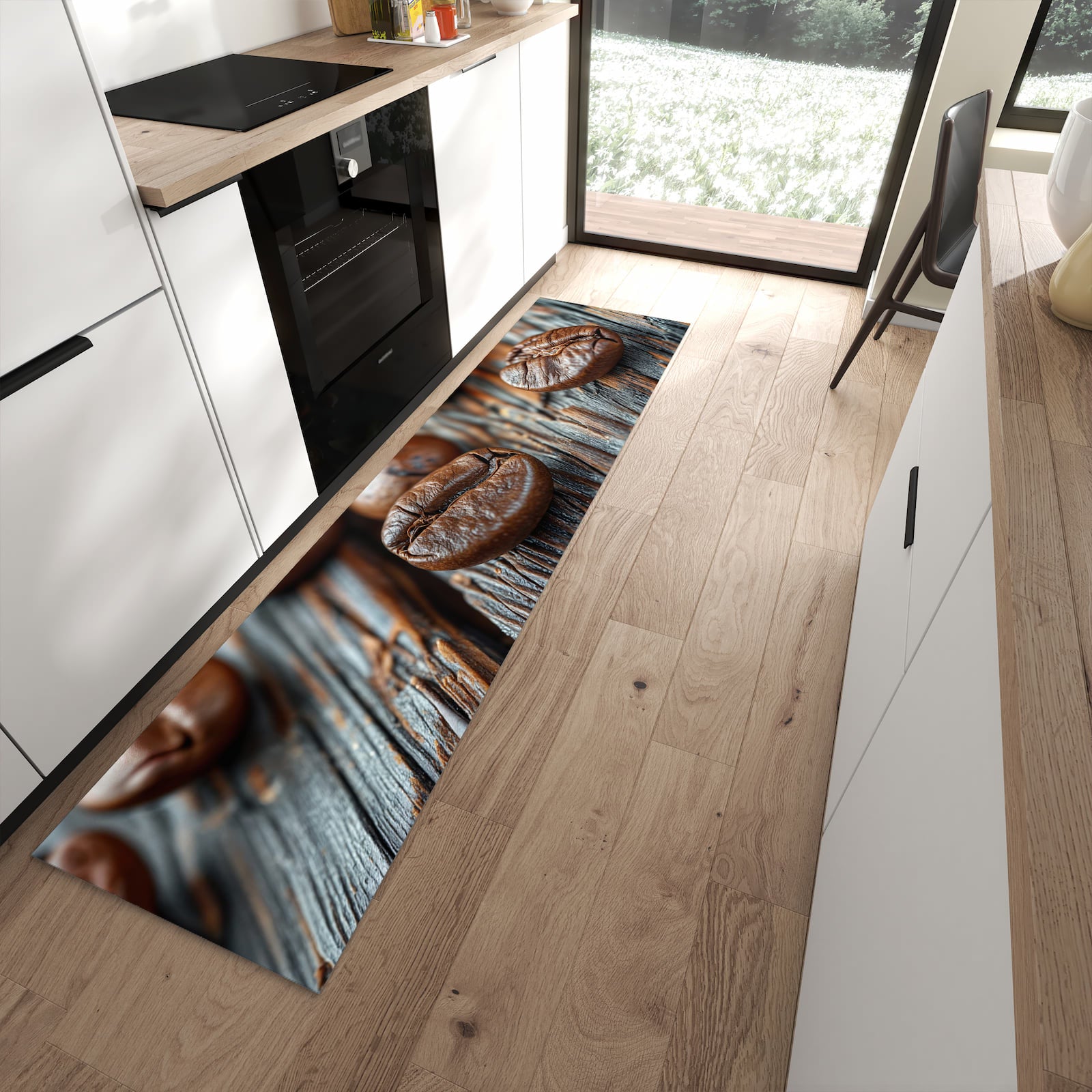 Formstabiler langer Teppich mit Motiv Sanfte Kaffeebohnen in moderner Küche