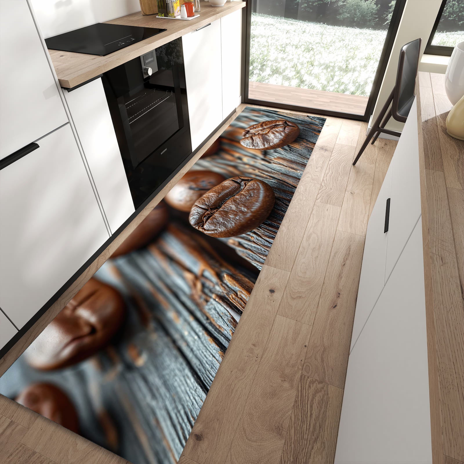 Wasserabweisender Teppich für Esstisch mit Motiv Sanfte Kaffeebohnen in moderner Küche