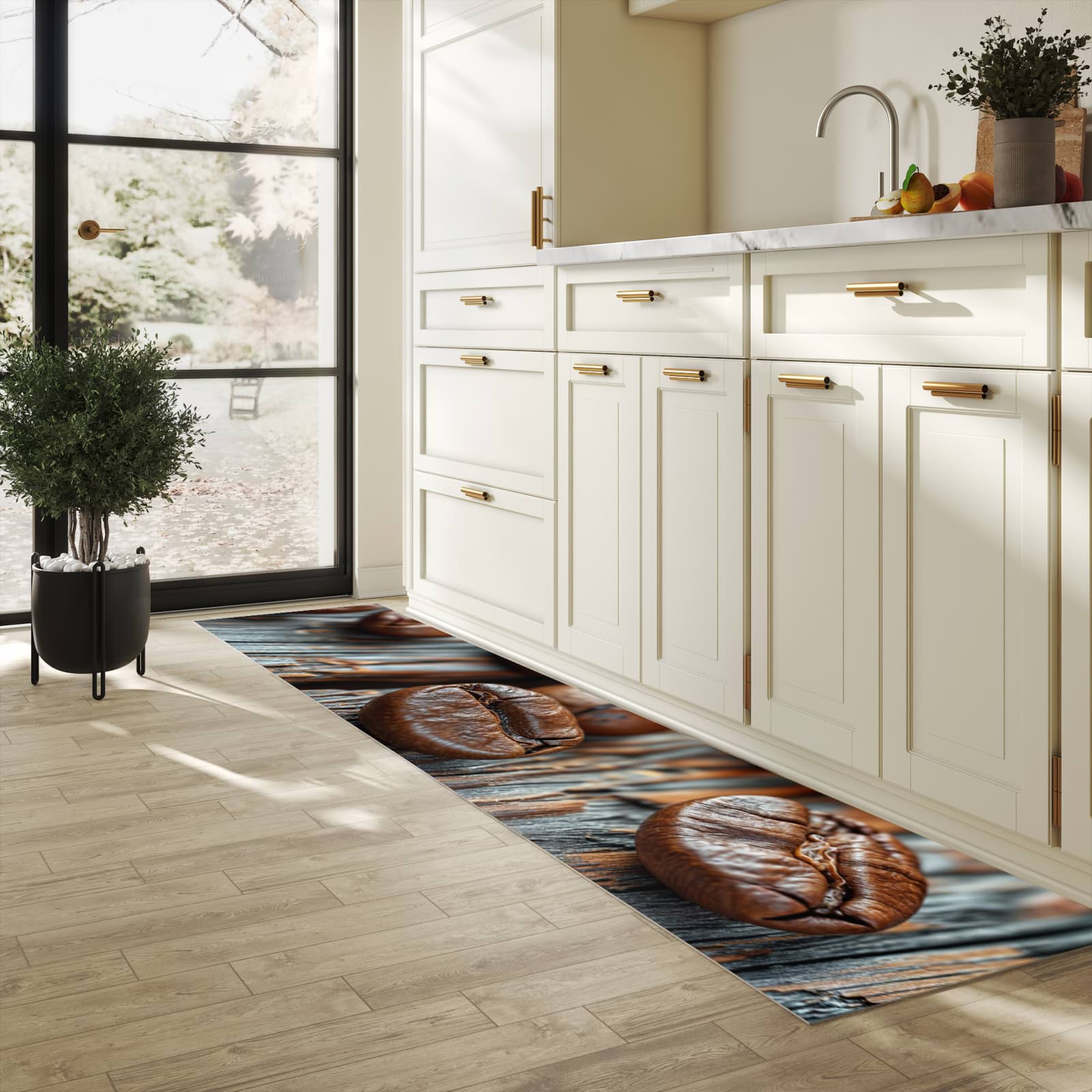 Waschbarer Teppich fürs Esszimmer mit Motiv Sanfte Kaffeebohnen in heller Küche