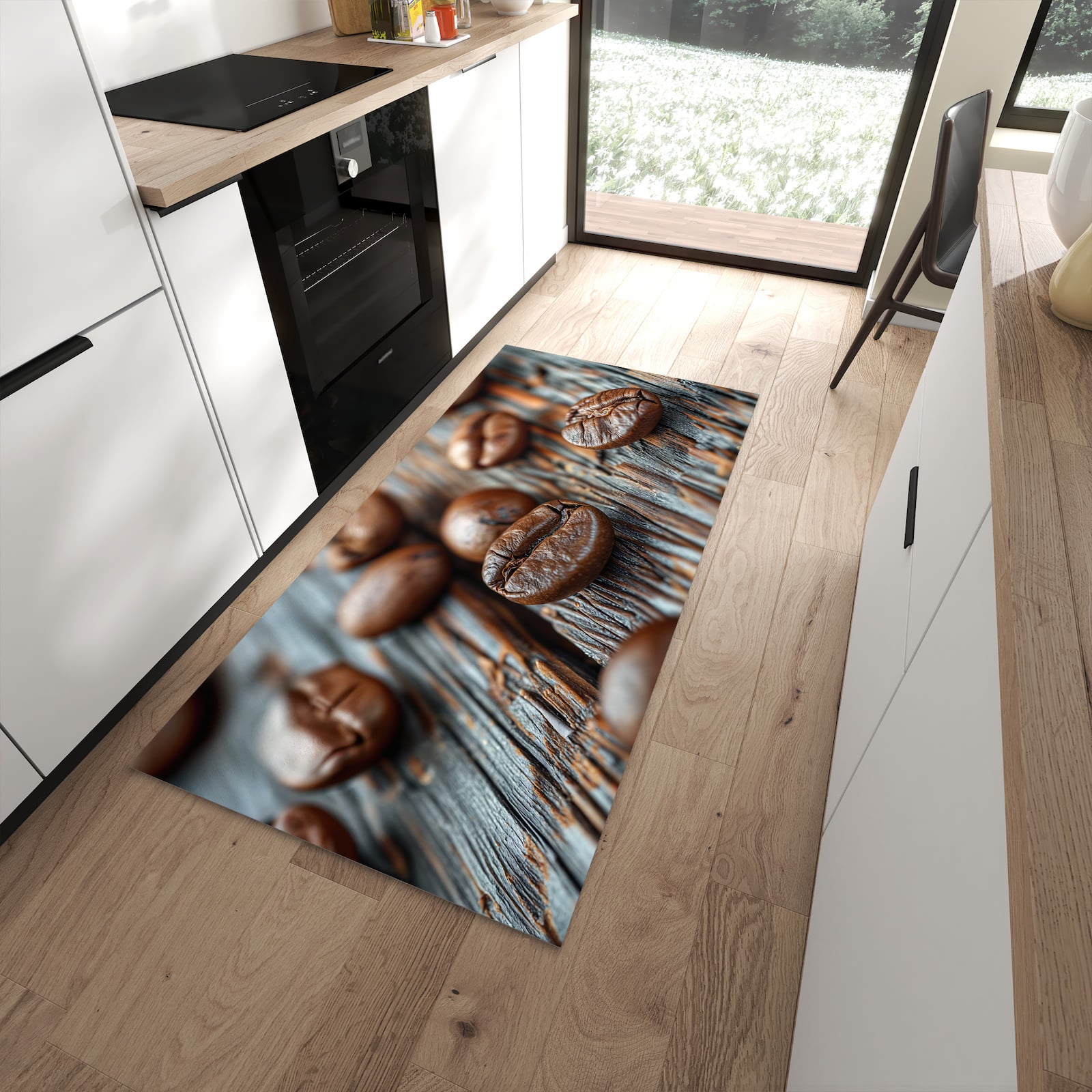 Fleckenresistenter rutschfester Küchenteppich mit Motiv Sanfte Kaffeebohnen in moderner Küche