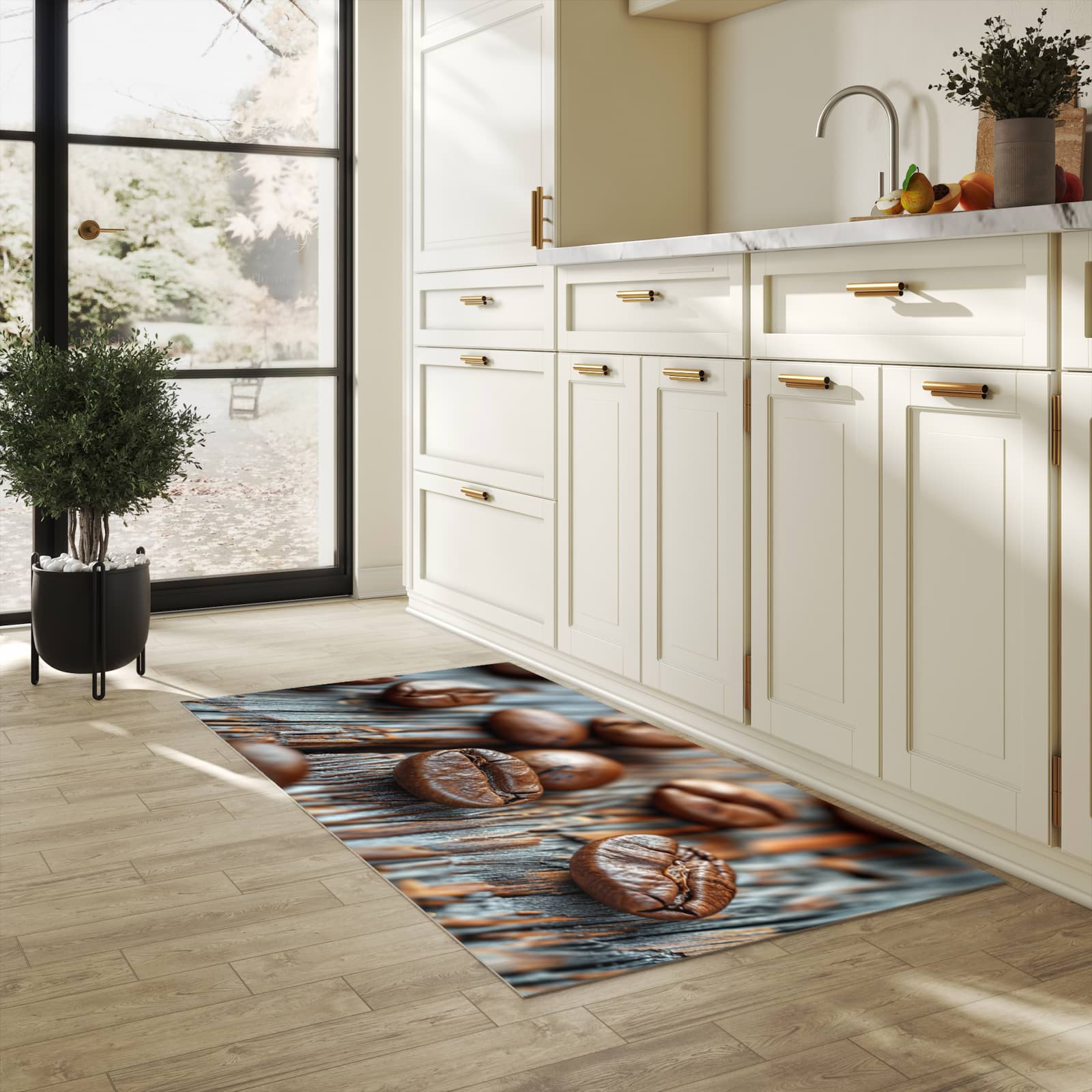 Rutschfester Küchenteppich mit Motiv Sanfte Kaffeebohnen in heller Küche