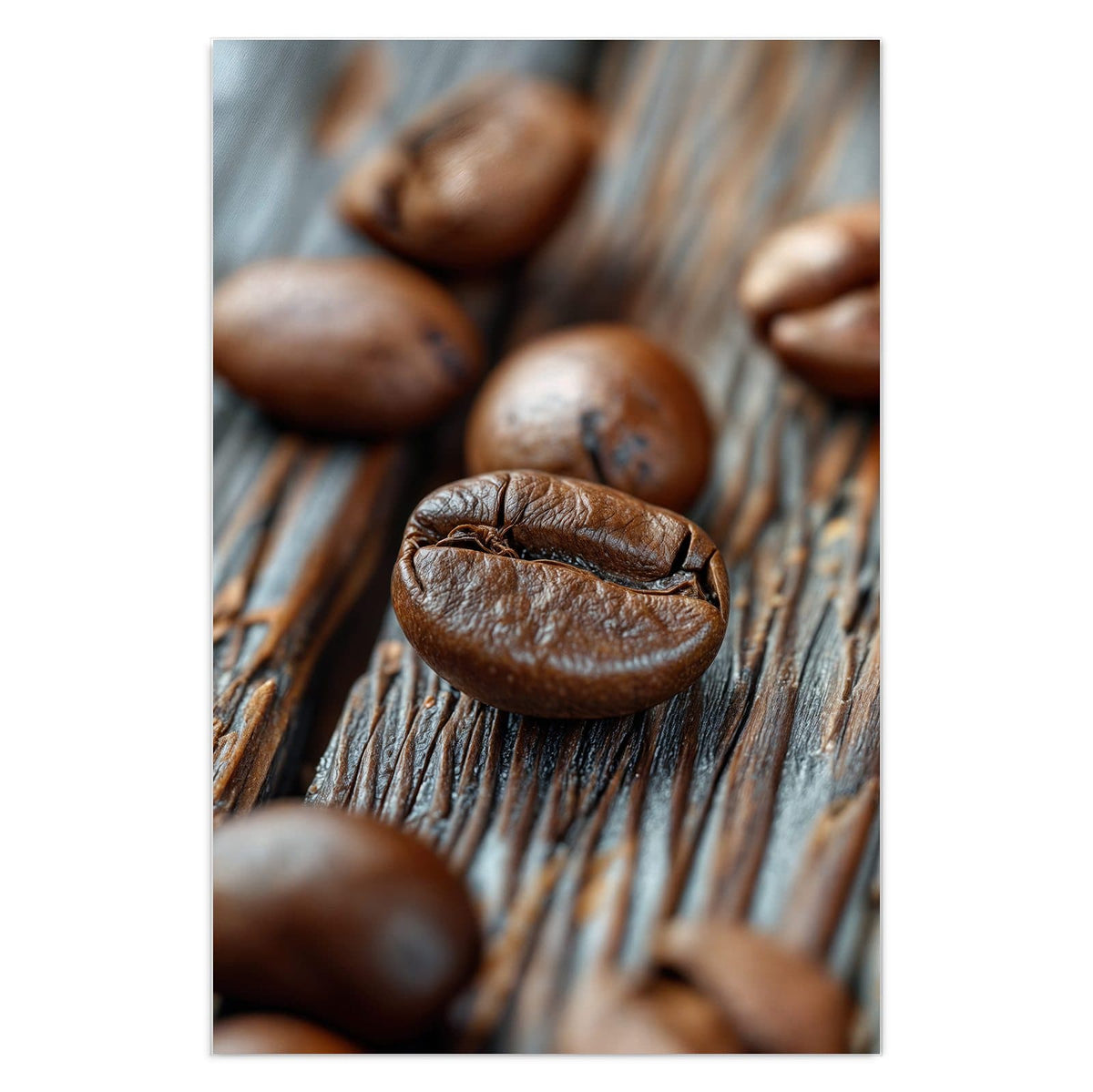Makro von zwei scharf gestellten Kaffeebohnen auf grau verwittertem Holz