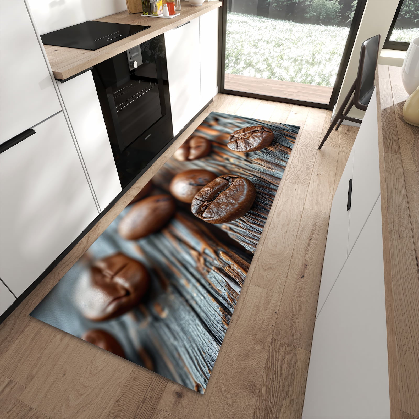 Schmutzabweisender Bodenläufer mit Motiv Sanfte Kaffeebohnen in moderner Küche