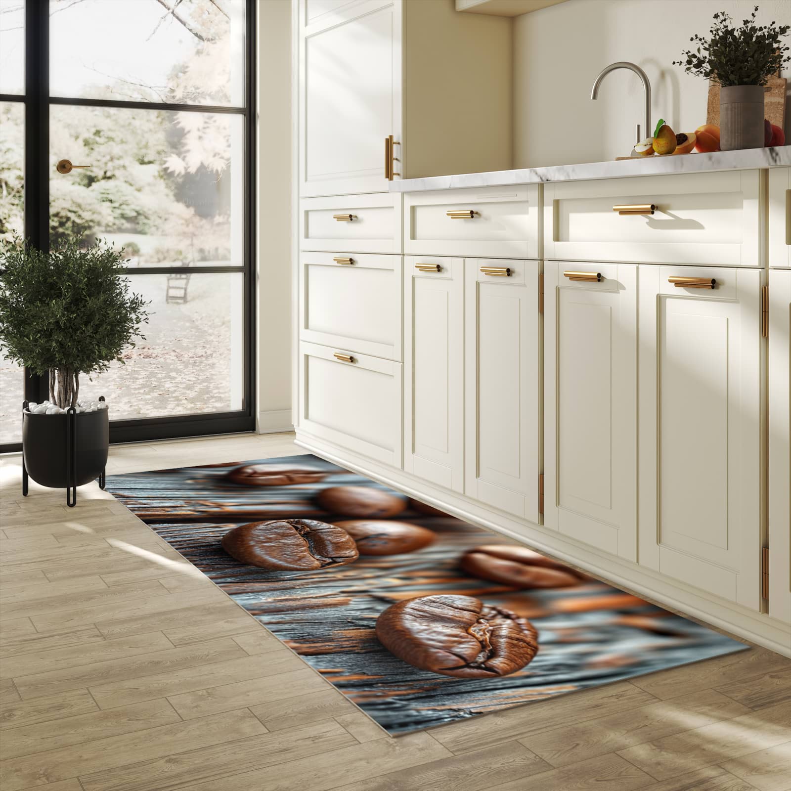 Feuchtigkeitsresistenter Küchenteppich mit Motiv Sanfte Kaffeebohnen in heller Küche
