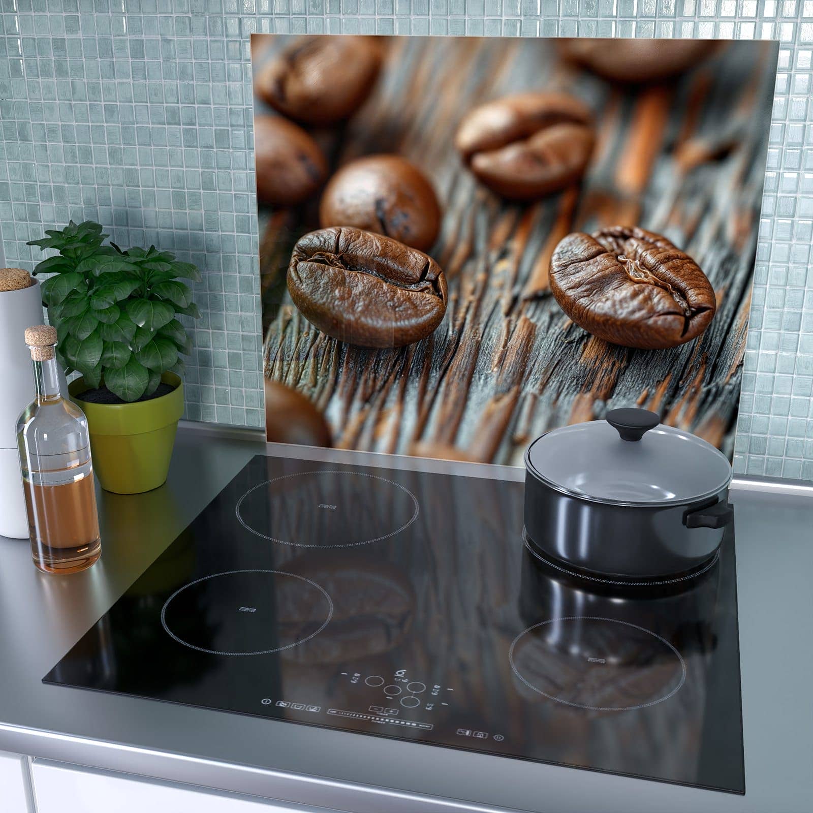 1-teilige Herdabdeckplatten für Ceranfeld mit Sanfte Kaffeebohnen-Motiv als Spritzschutz hinter dem Kochfeld