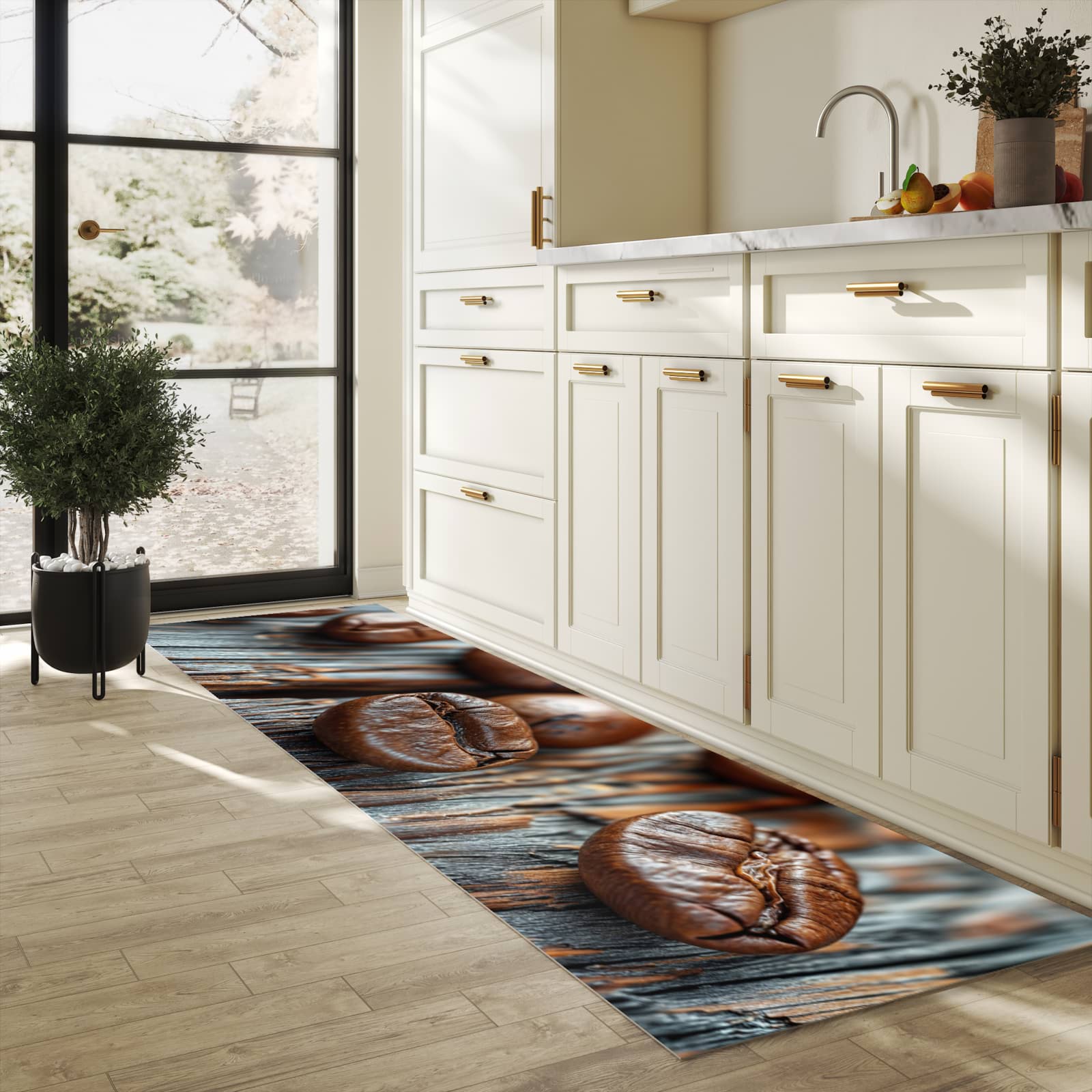 Langlebiger Küchenteppich mit Motiv Sanfte Kaffeebohnen in heller Küche