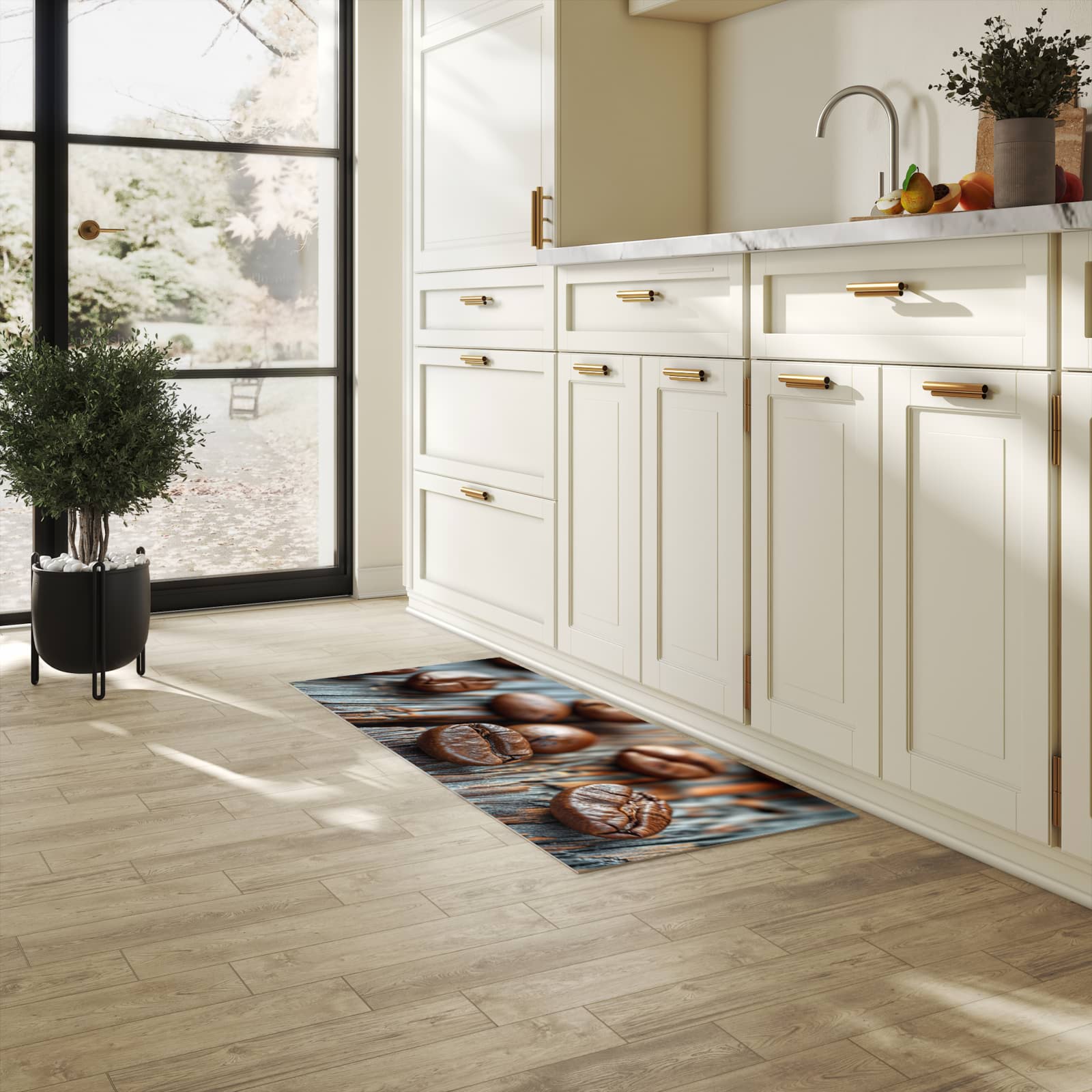 Flacher Läufer mit Motiv Sanfte Kaffeebohnen für rutschfesten Halt in heller Küche