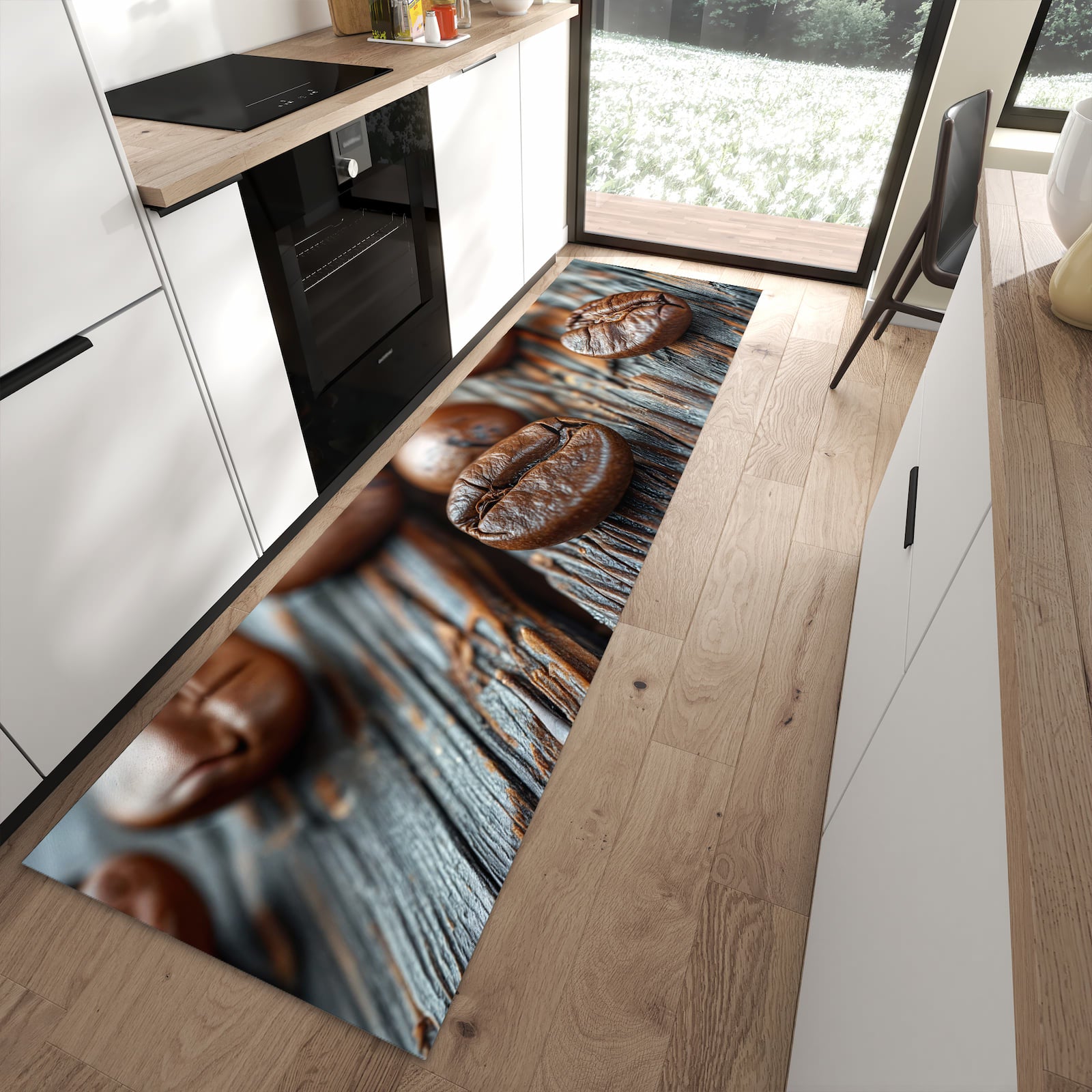 Küchenteppich mit Motiv Sanfte Kaffeebohnen für Trittkomfort in moderner Küche, waschbar