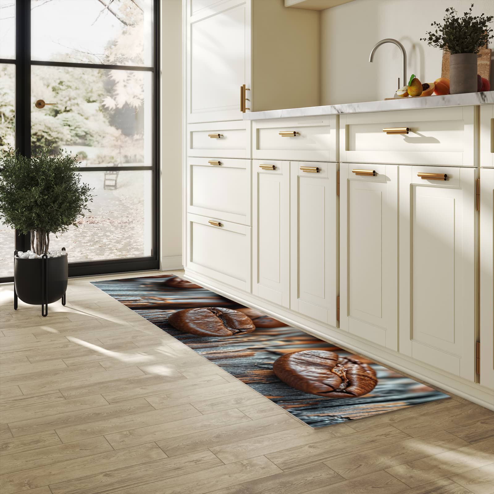 Rutschfester dünner Küchenteppich mit Motiv Sanfte Kaffeebohnen in heller Küche