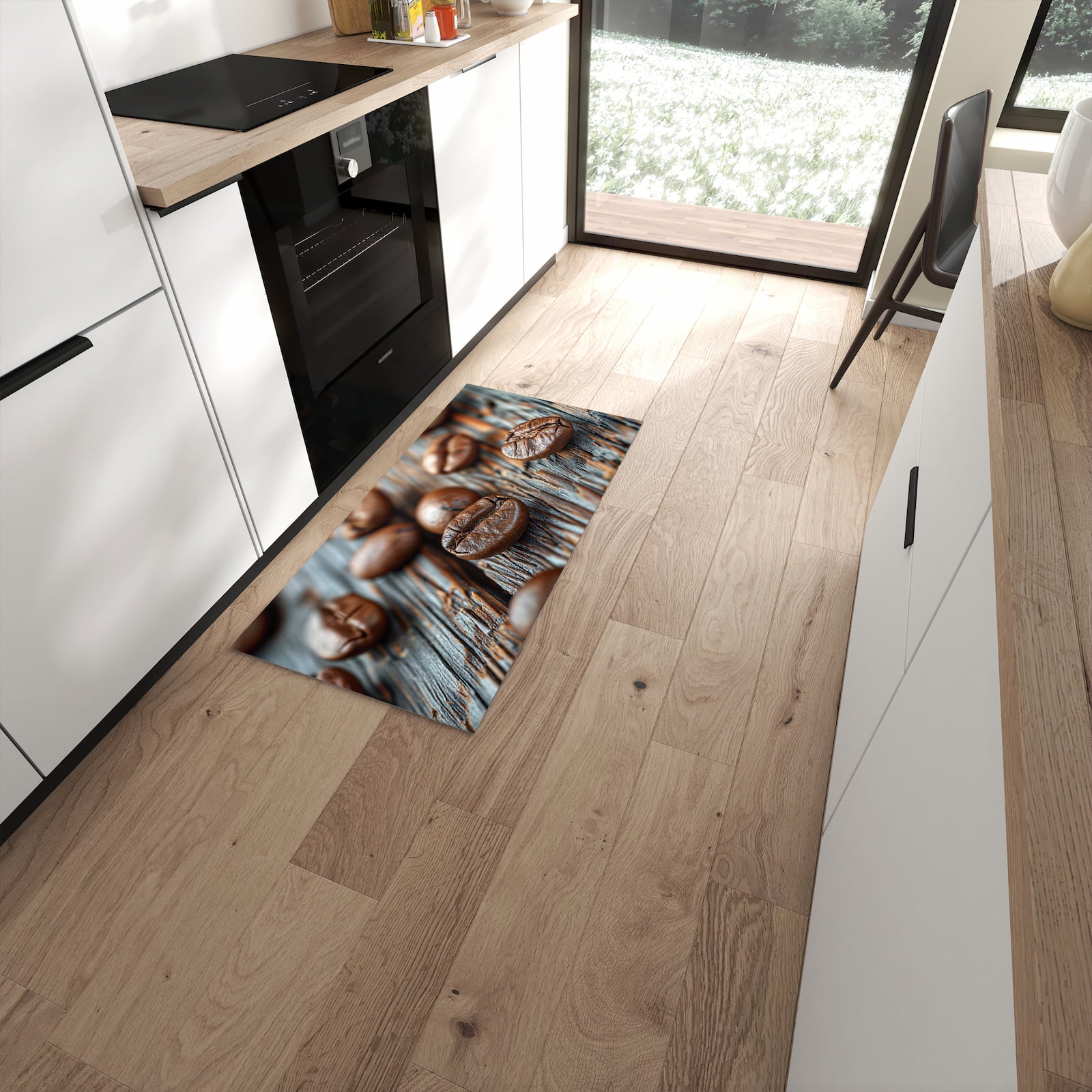 Ordnungsschaffender Teppichläufer mit Motiv Sanfte Kaffeebohnen in moderner Küche #grösse_60 x 120 cm