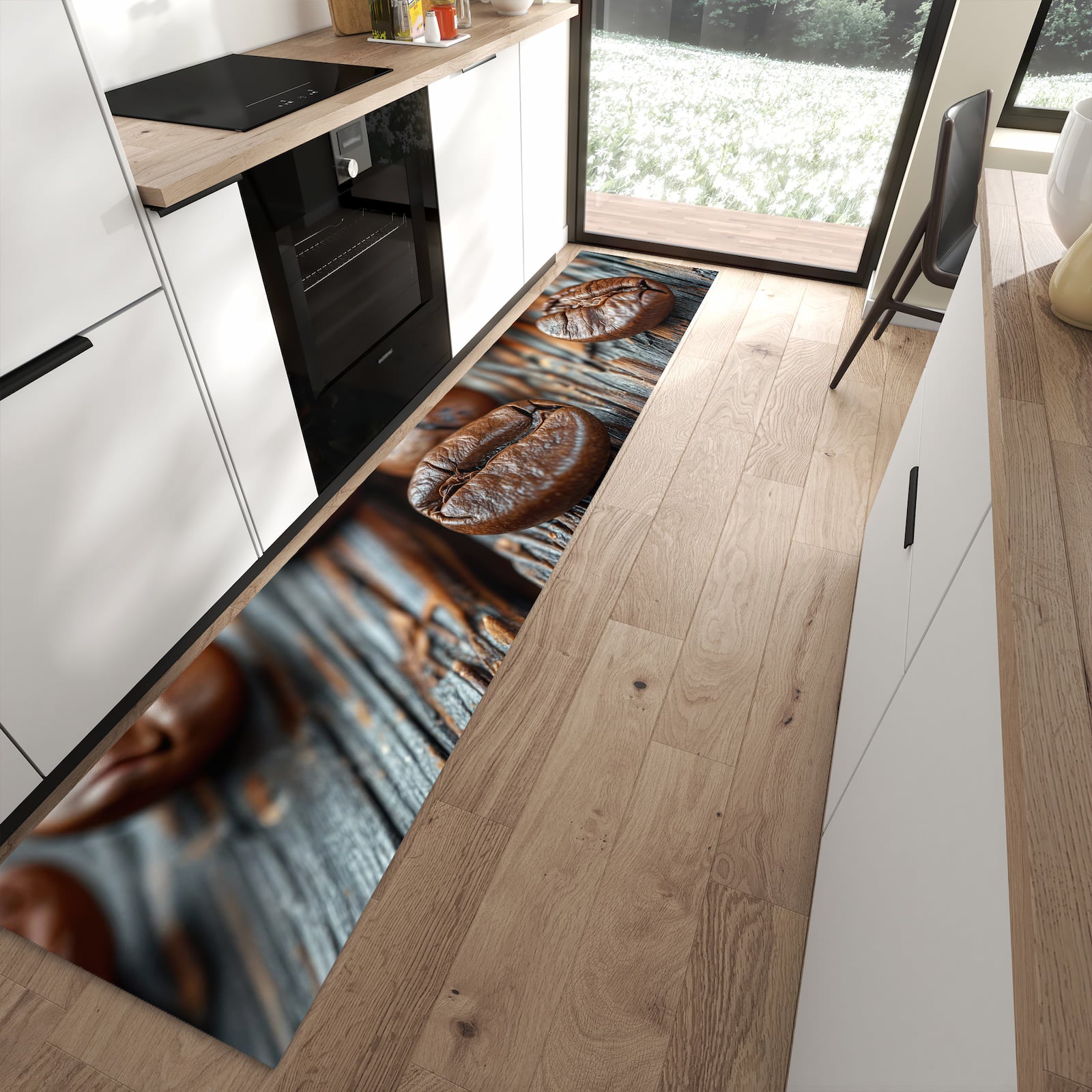 Zeitsparender rutschfester Läufer mit Motiv Sanfte Kaffeebohnen in moderner Küche