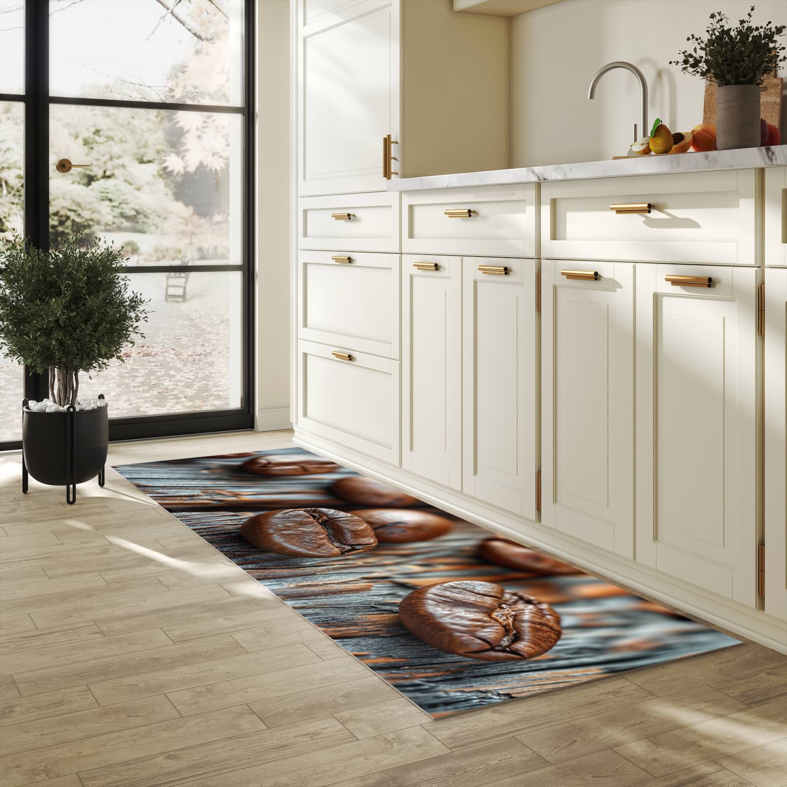 Strapazierfähiger Bodenläufer mit Motiv Sanfte Kaffeebohnen in heller Küche