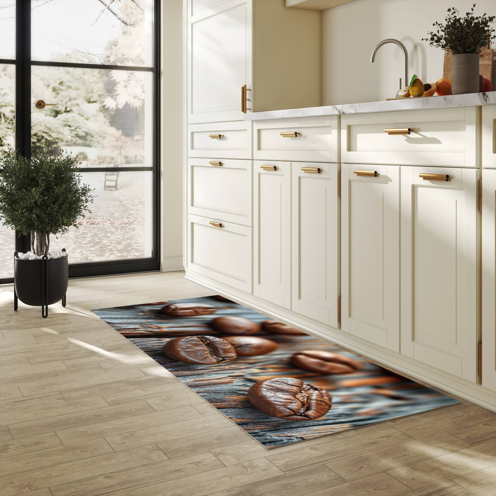 Hygienischer rutschfester Küchenteppich mit Motiv Sanfte Kaffeebohnen in heller Küche