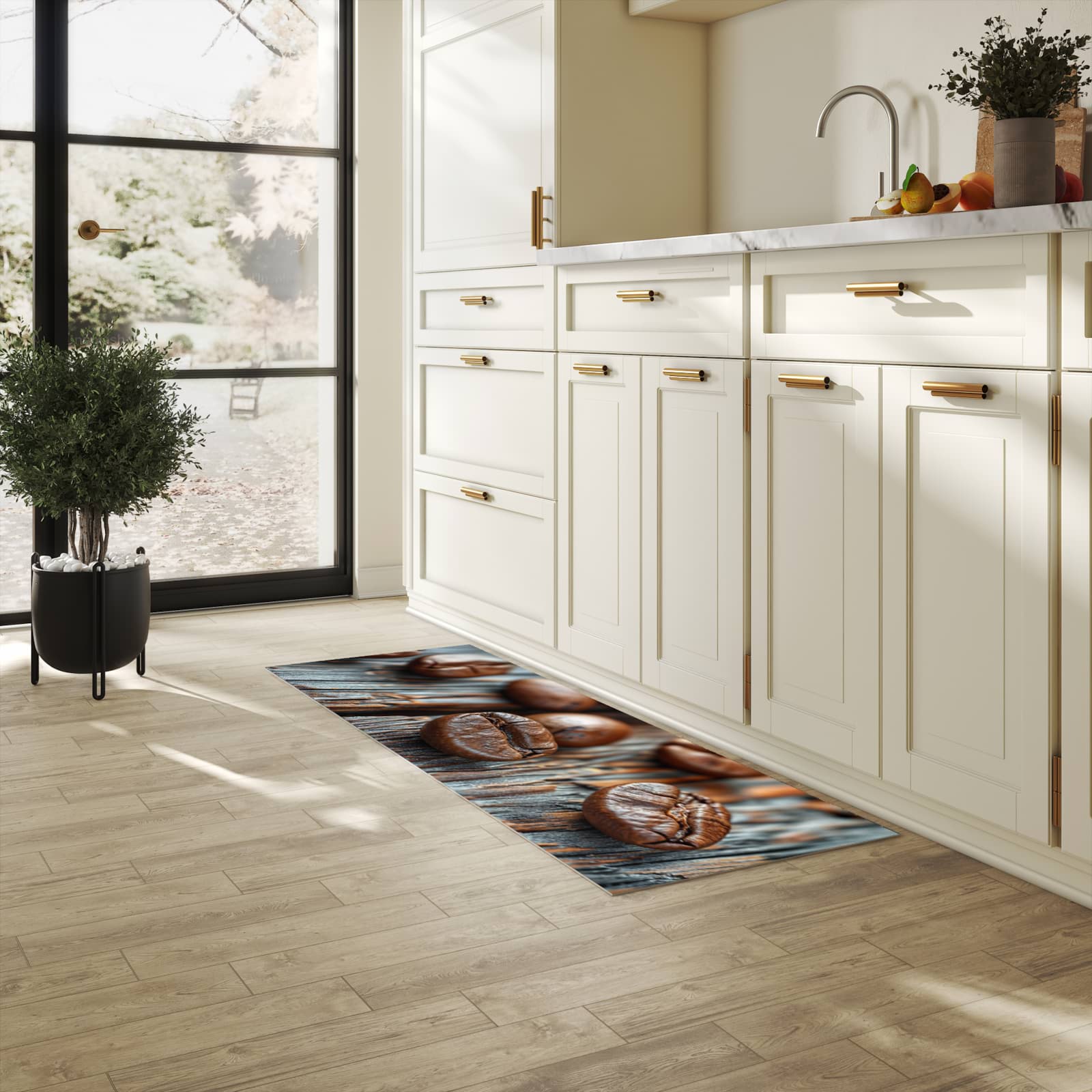 Pflegeleichter dünner Teppich mit Motiv Sanfte Kaffeebohnen in heller Küche