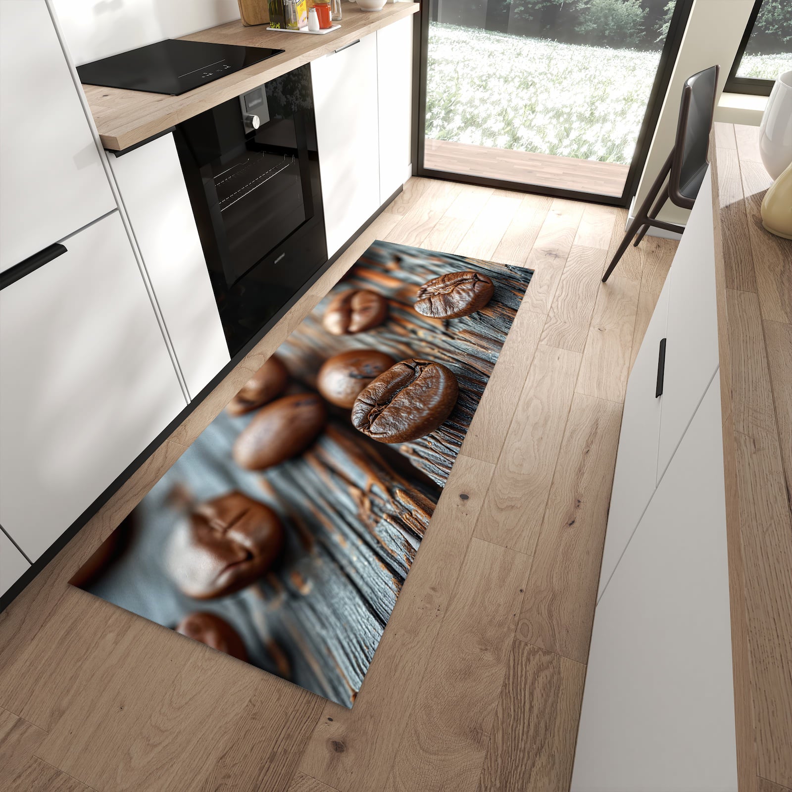 Abriebfester Küchenteppich mit Motiv Sanfte Kaffeebohnen in moderner Küche