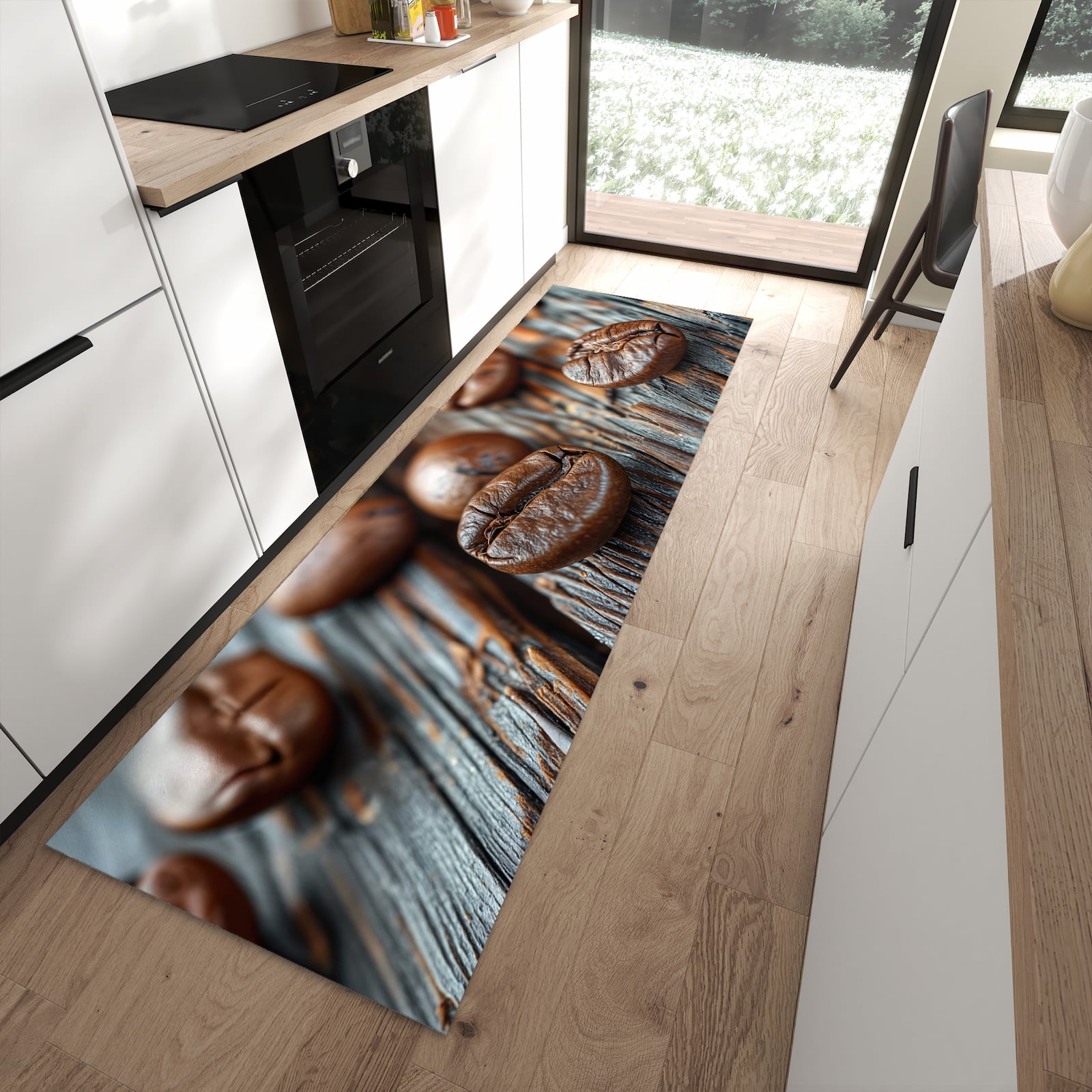 UV-beständiger waschbarer Küchenteppich mit Motiv Sanfte Kaffeebohnen in moderner Küche