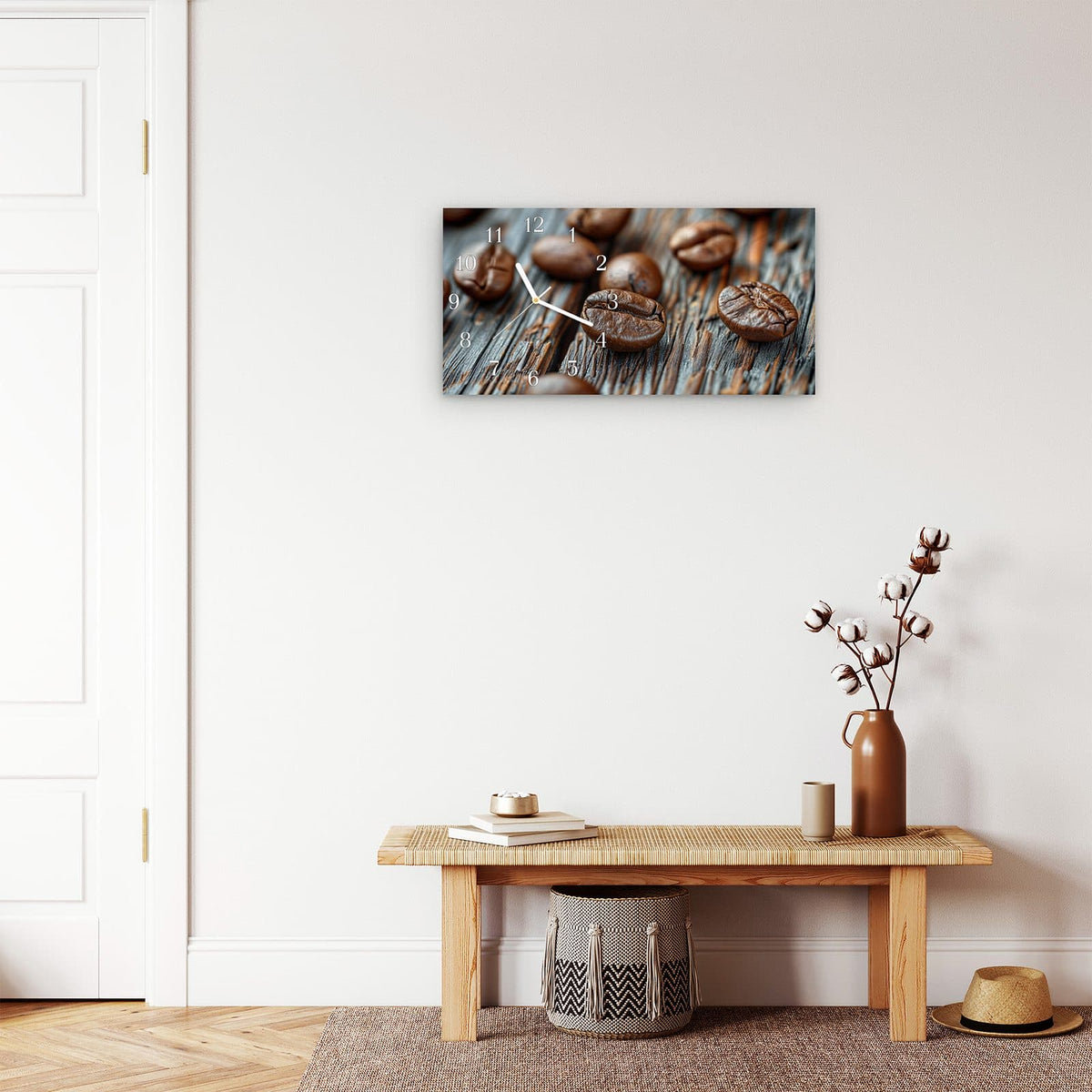 Moderne Wanduhr aus Glas mit Farbtiefe – Wanduhr Sanfte Kaffeebohnen aus Glas – Querformat 60 × 30 cm