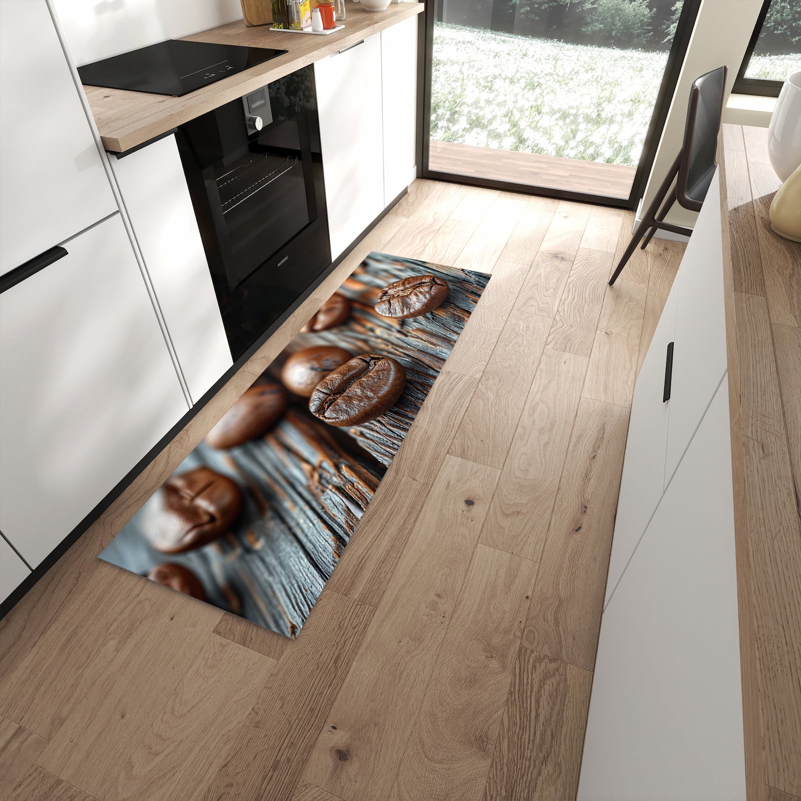 Farbbeständiger waschbarer Küchenläufer mit Motiv Sanfte Kaffeebohnen in moderner Küche