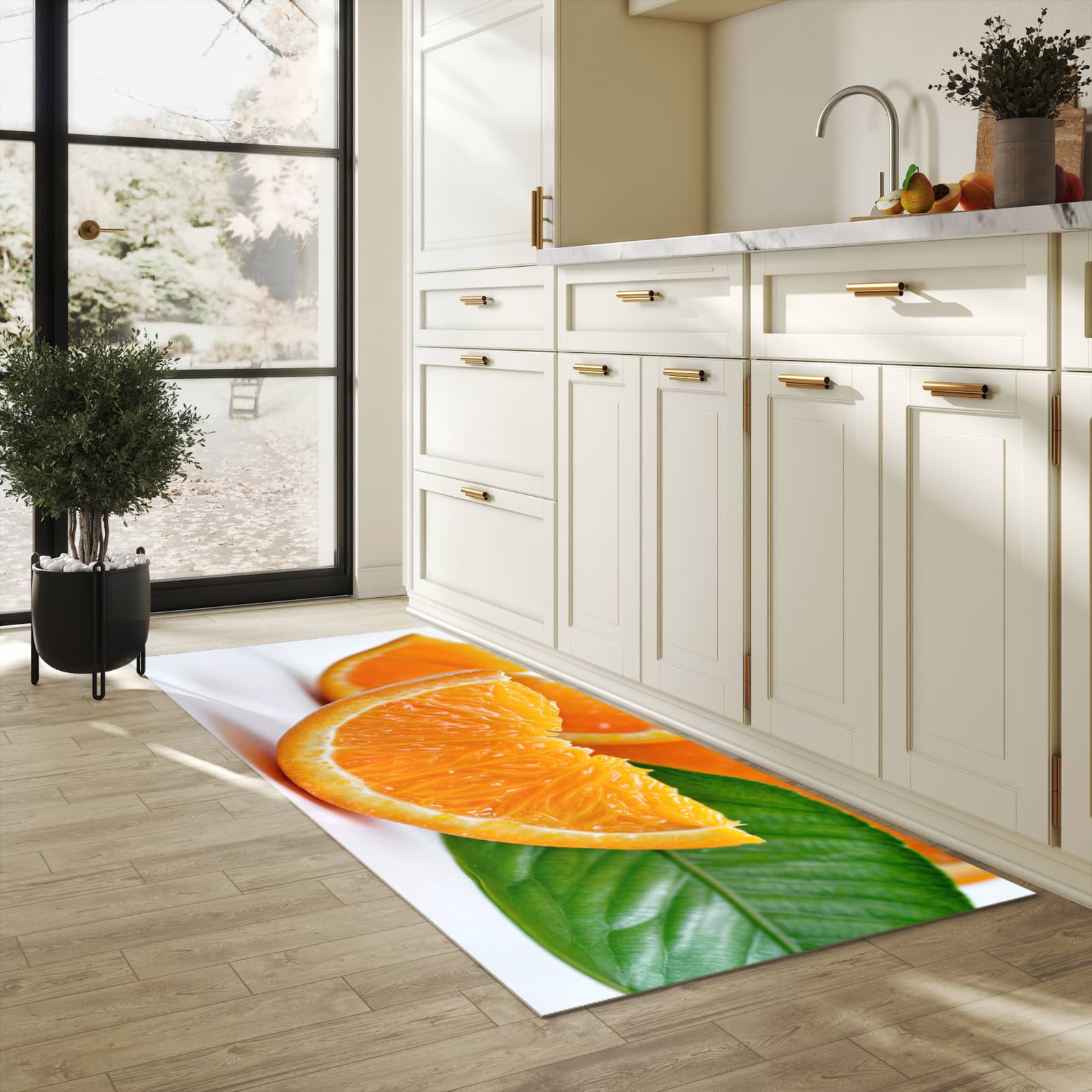 Geruchsneutraler langer Teppich mit Motiv Orangenscheiben in heller Küche