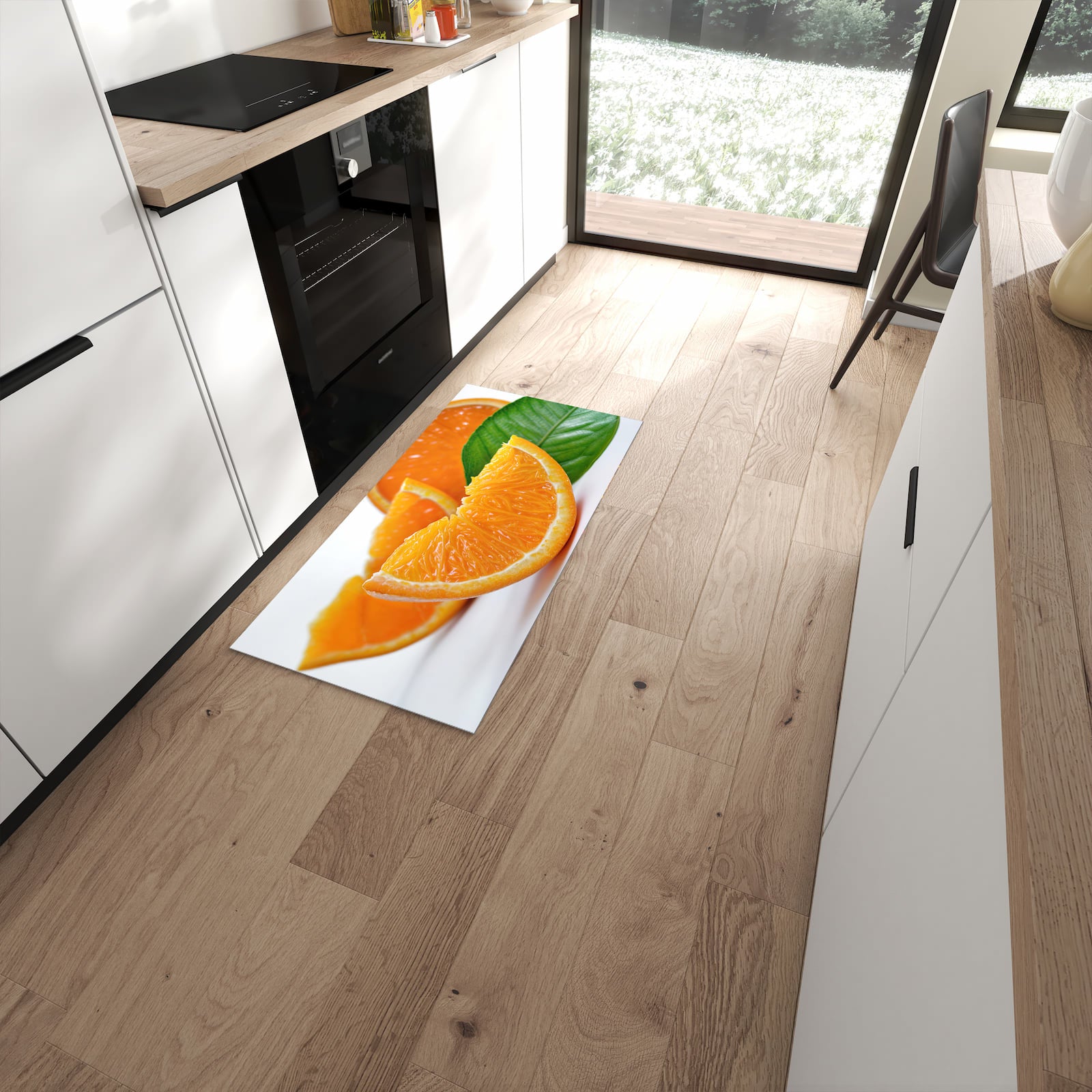 Flacher Küchenteppich mit Motiv Orangenscheiben in moderner Küche #grösse_60 x 120 cm