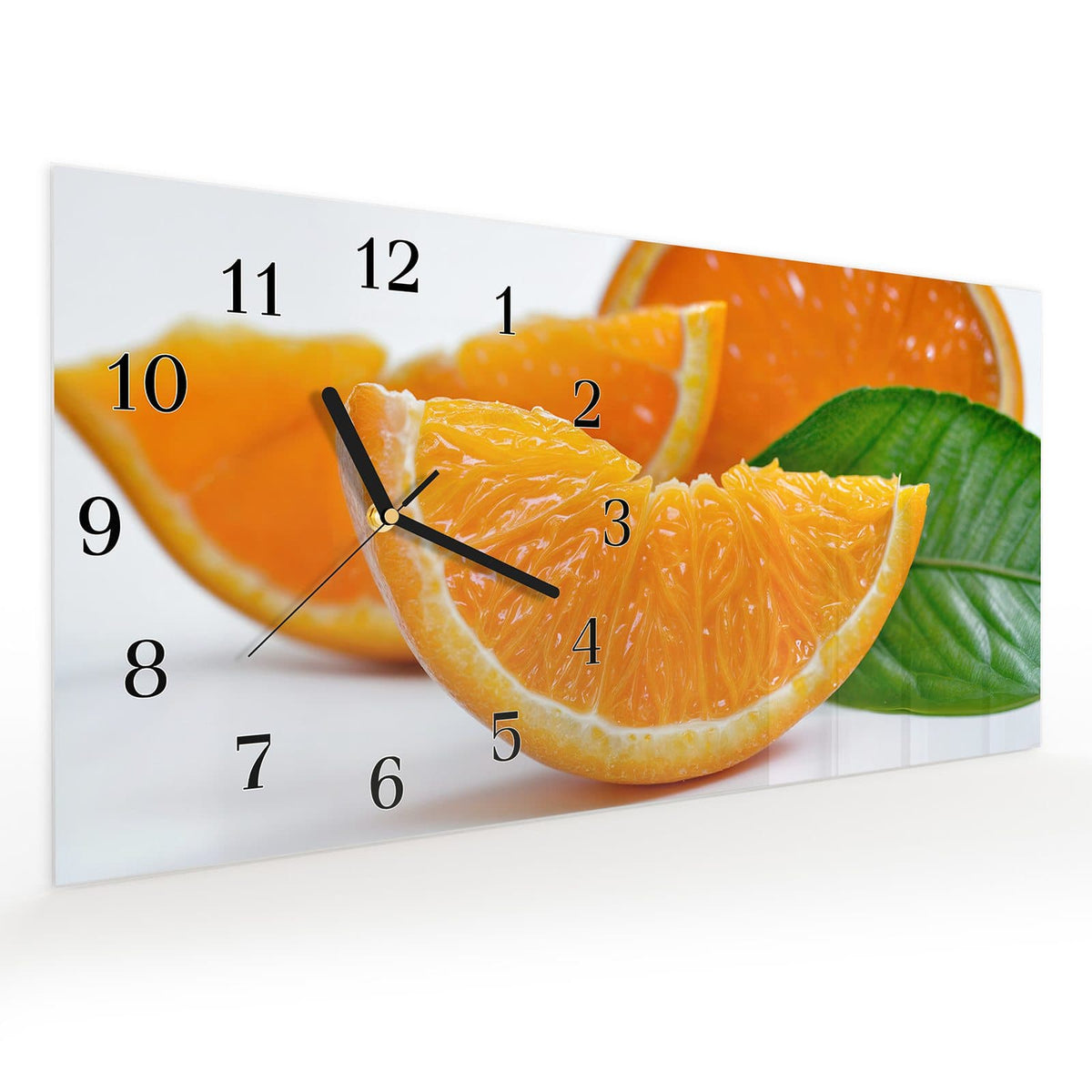 Vormontiert – mit Schwebeeffekt – Wanduhr Orangenscheiben aus Glas – Querformat 60 × 30 cm