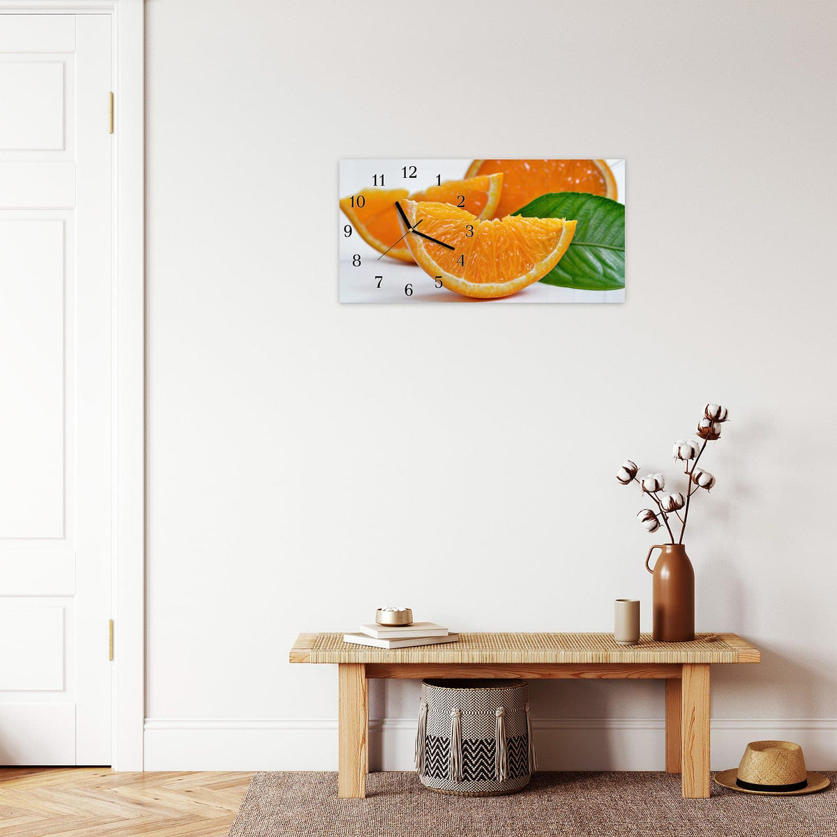 Moderne Wanduhr aus Glas mit Farbtiefe – Wanduhr Orangenscheiben aus Glas – Querformat 60 × 30 cm